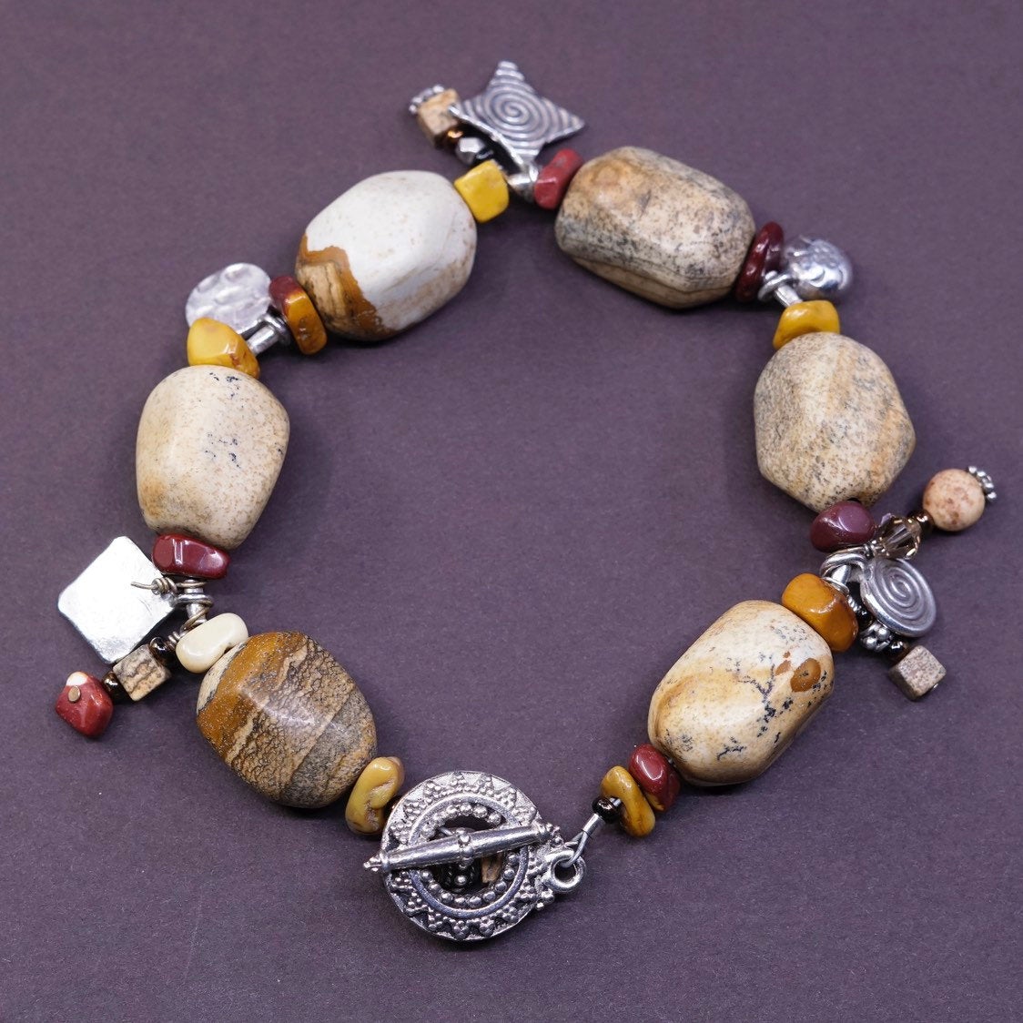 6.75”, vtg Sterling silver handmade chain, 925 beads w/ Jasper nuggets bracelet