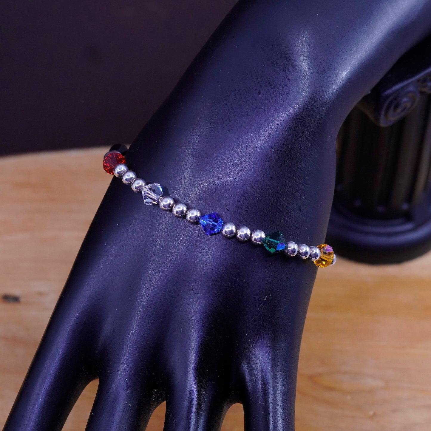 7”, Vintage Sterling silver handmade bracelet, 925 beads with cz cross charm