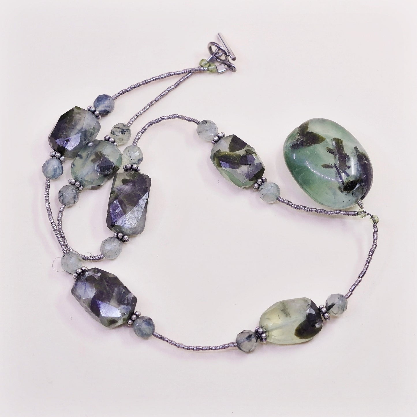 16”, vintage sterling 925 silver handmade necklace with nugget prehnite pendant