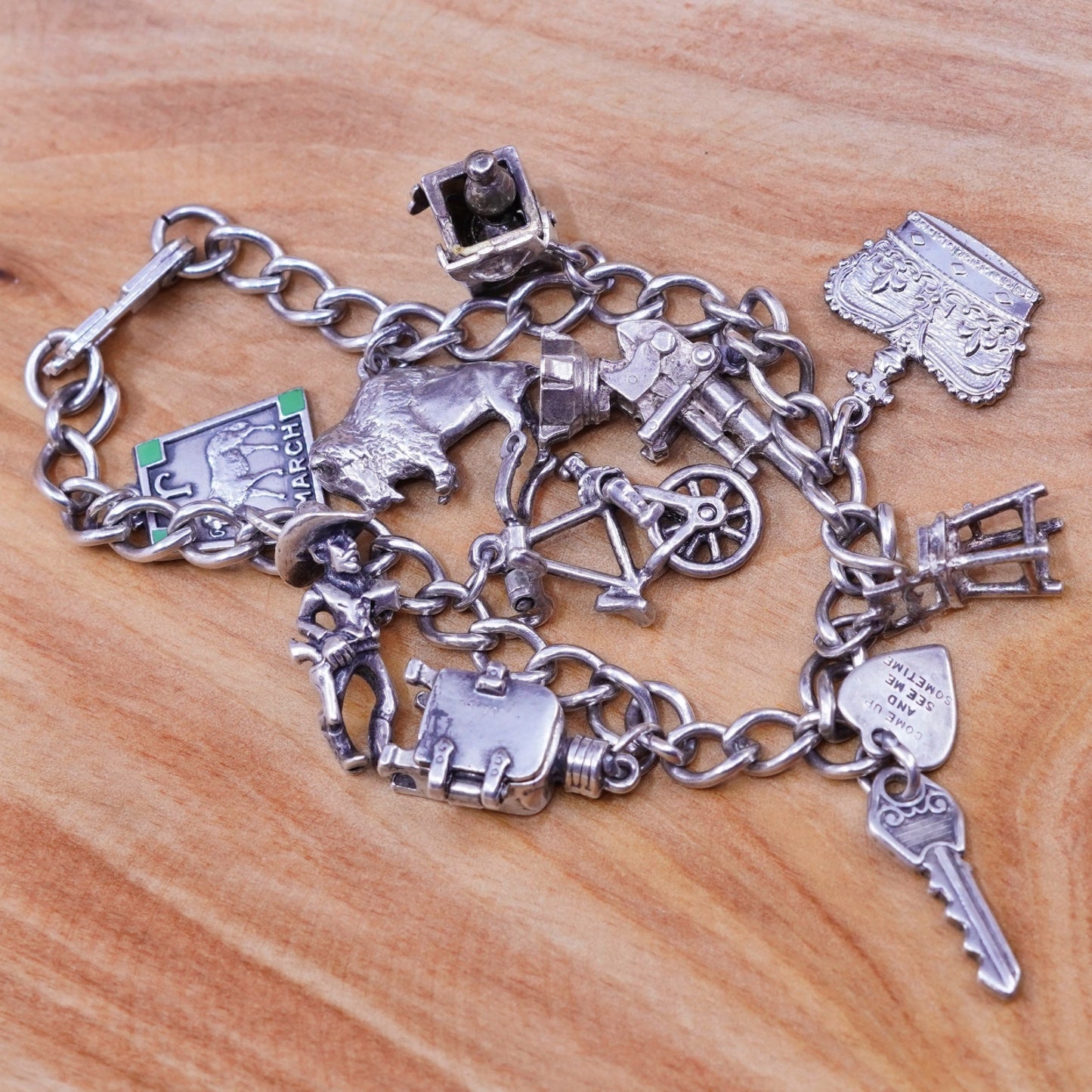 7”, 4mm, vintage Sterling silver handmade curb bracelet, 925 chain w/ 10 charms