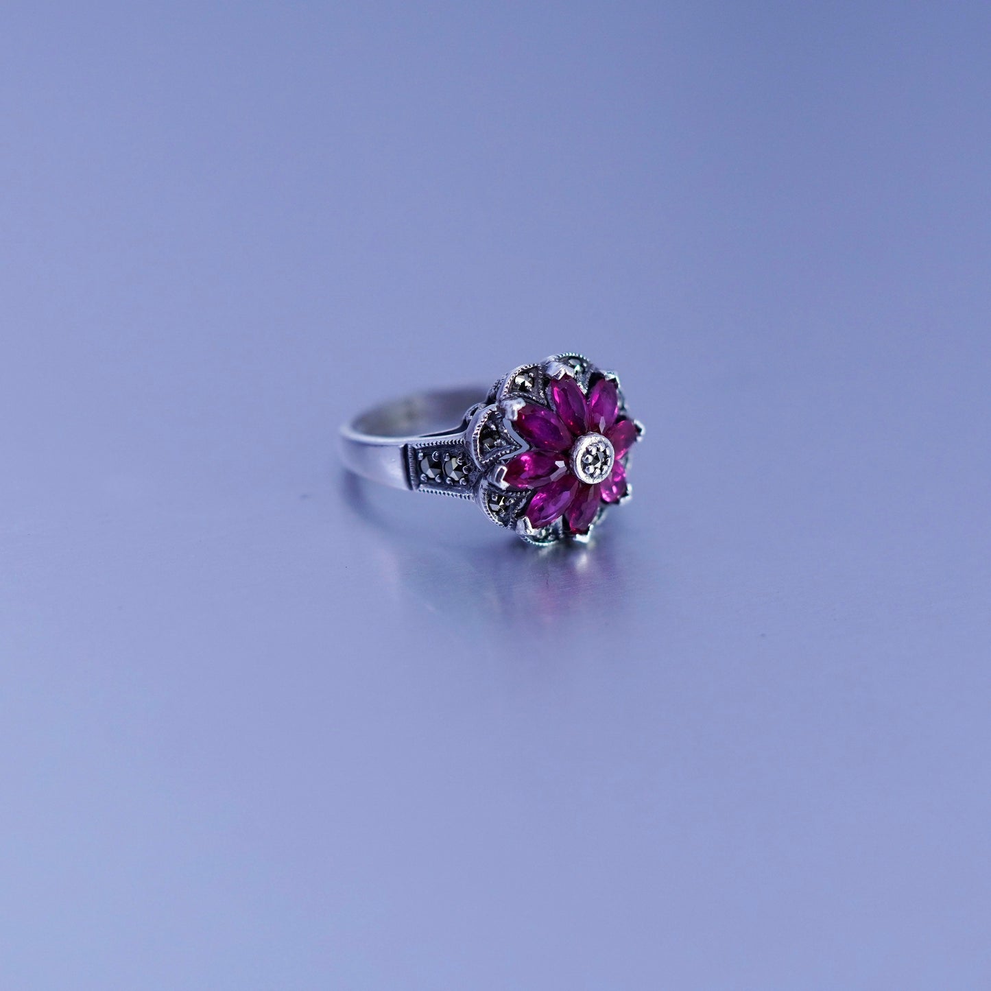 sz 5, designer Sterling 925 silver handmade statement crown ring ruby marcasite