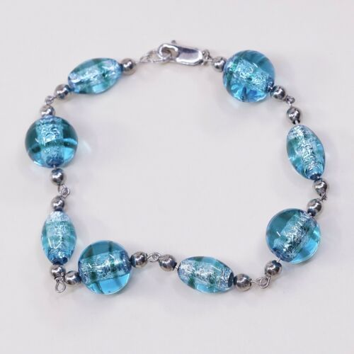 7.25”, Vtg Handmade Bracelet W/ Blue Foiled Glass N Sterling 925 Silver Clasp