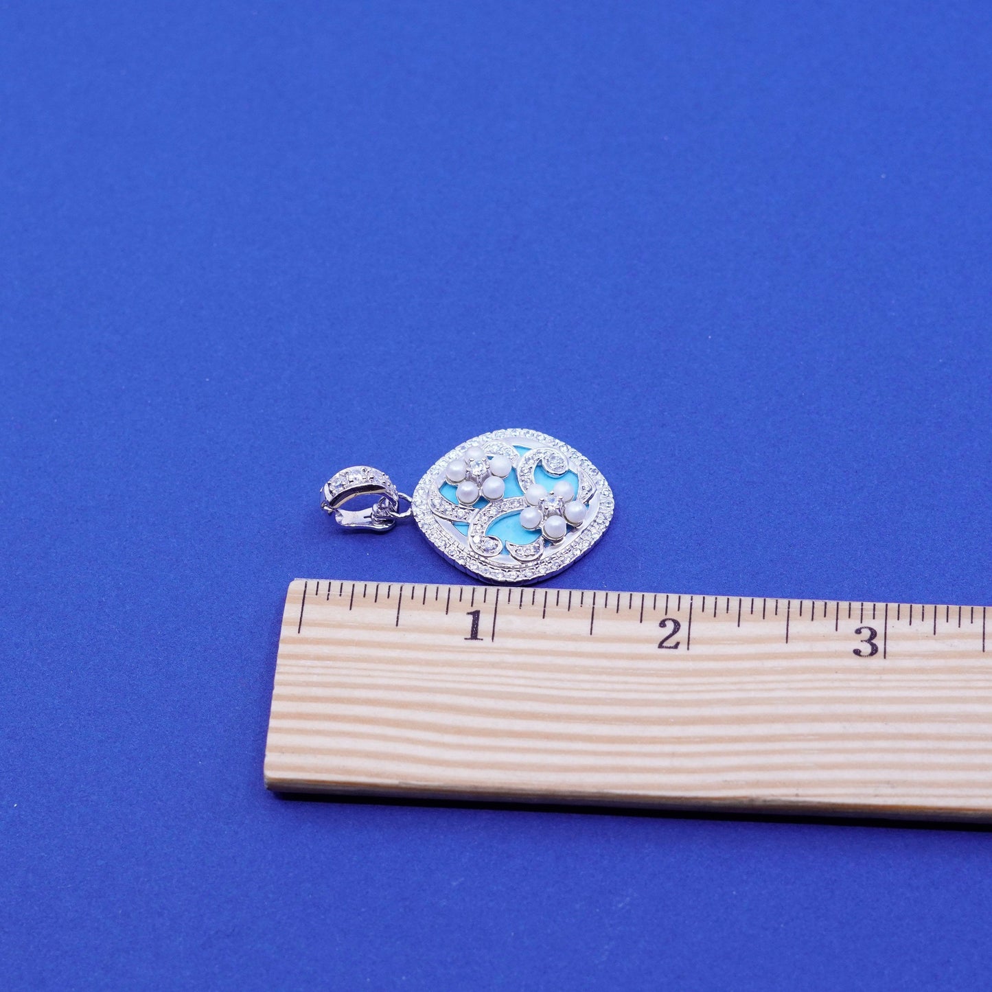 Vintage sterling 925 silver handmade pendant with pearl flower and turquoise Cz