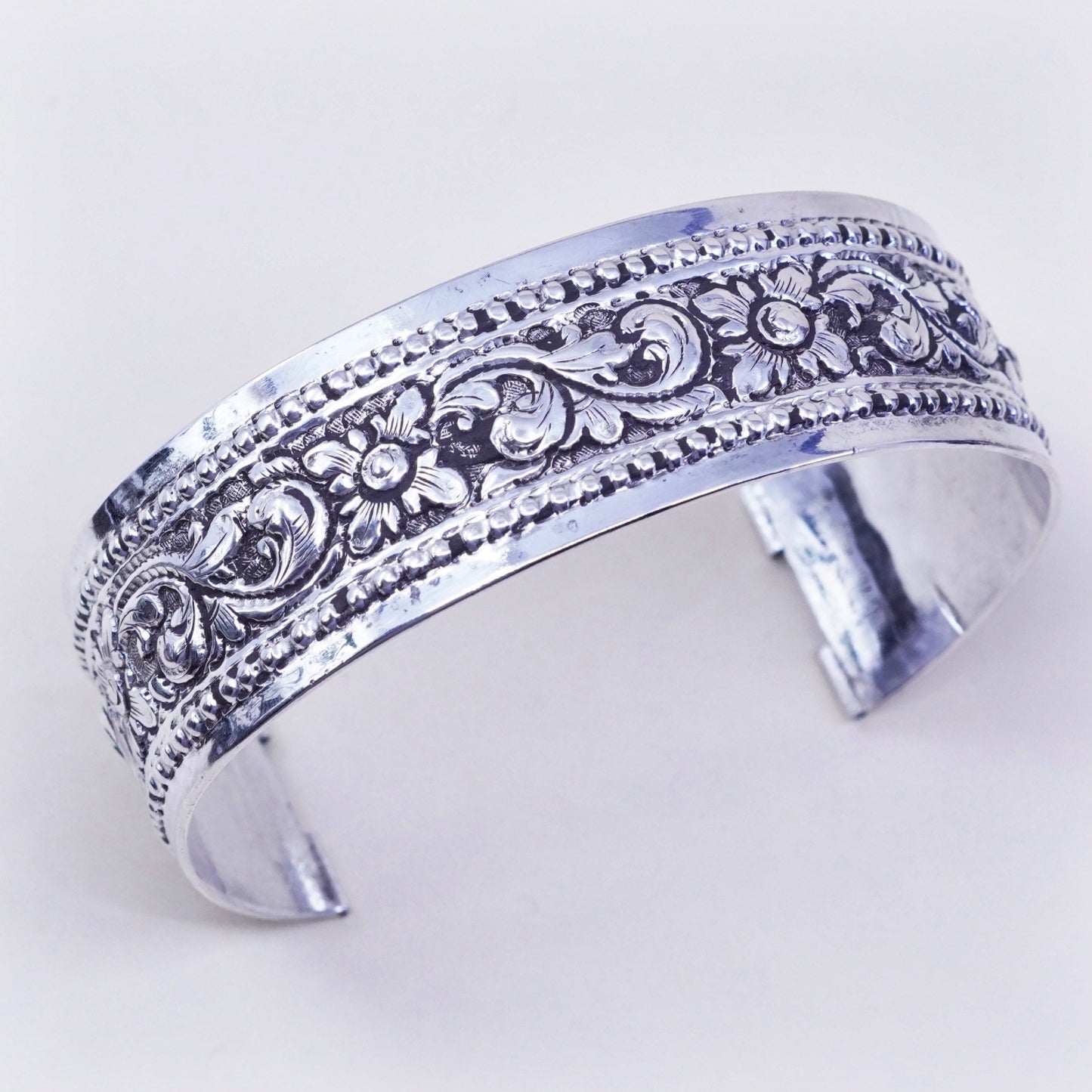 7”, vintage sterling silver handmade bracelet, wide 925 cuff with relief flower