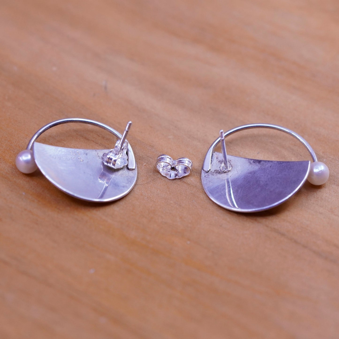 Vintage Sterling silver handmade disc studs, circle earrings with pearl