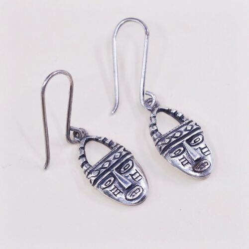 Vtg Handmade 925 Sterling Silver Earrings, Native Mayan Aztec Face Dangles