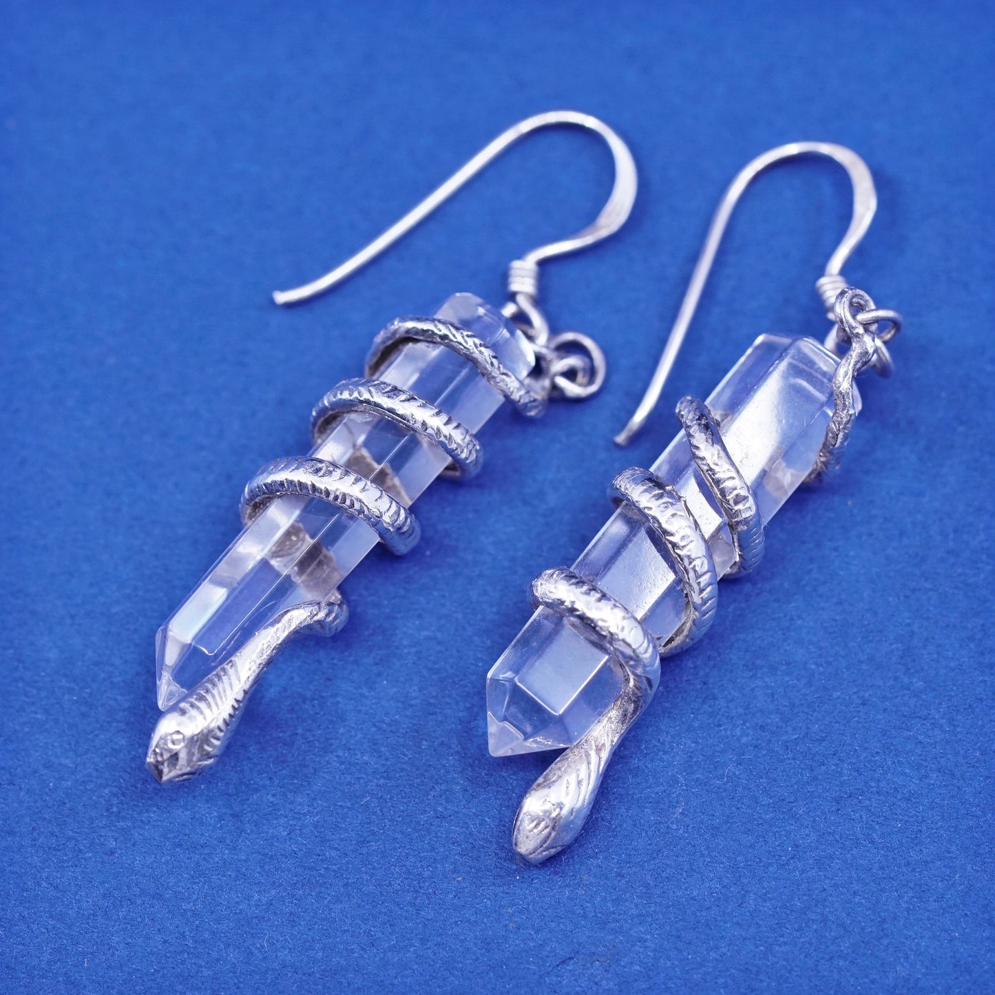 Vintage sterling 925 silver handmade earrings, clear healing crystal with snake
