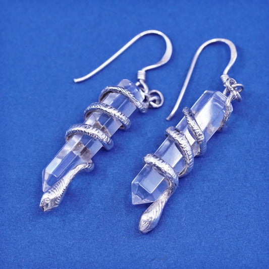 Vintage sterling 925 silver handmade earrings, clear healing crystal with snake