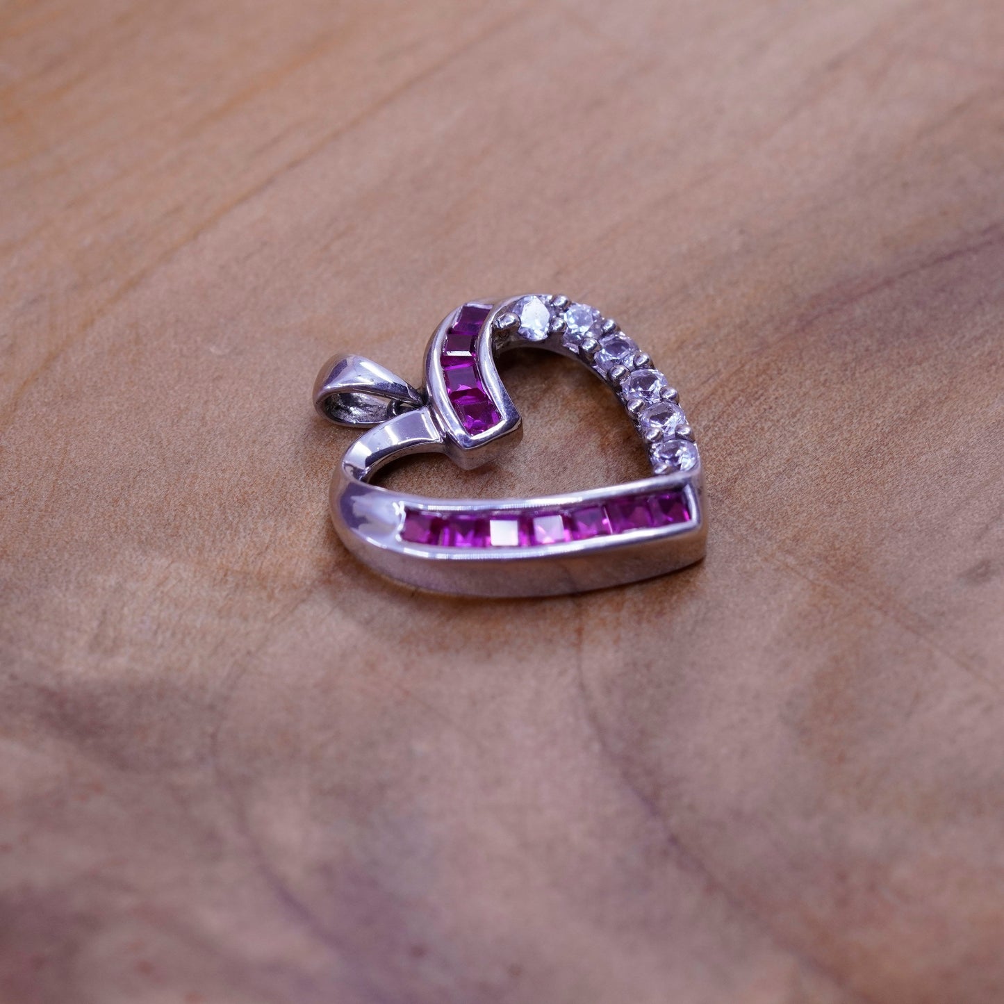Vintage Sterling 925 silver heart pendant with pink Cz