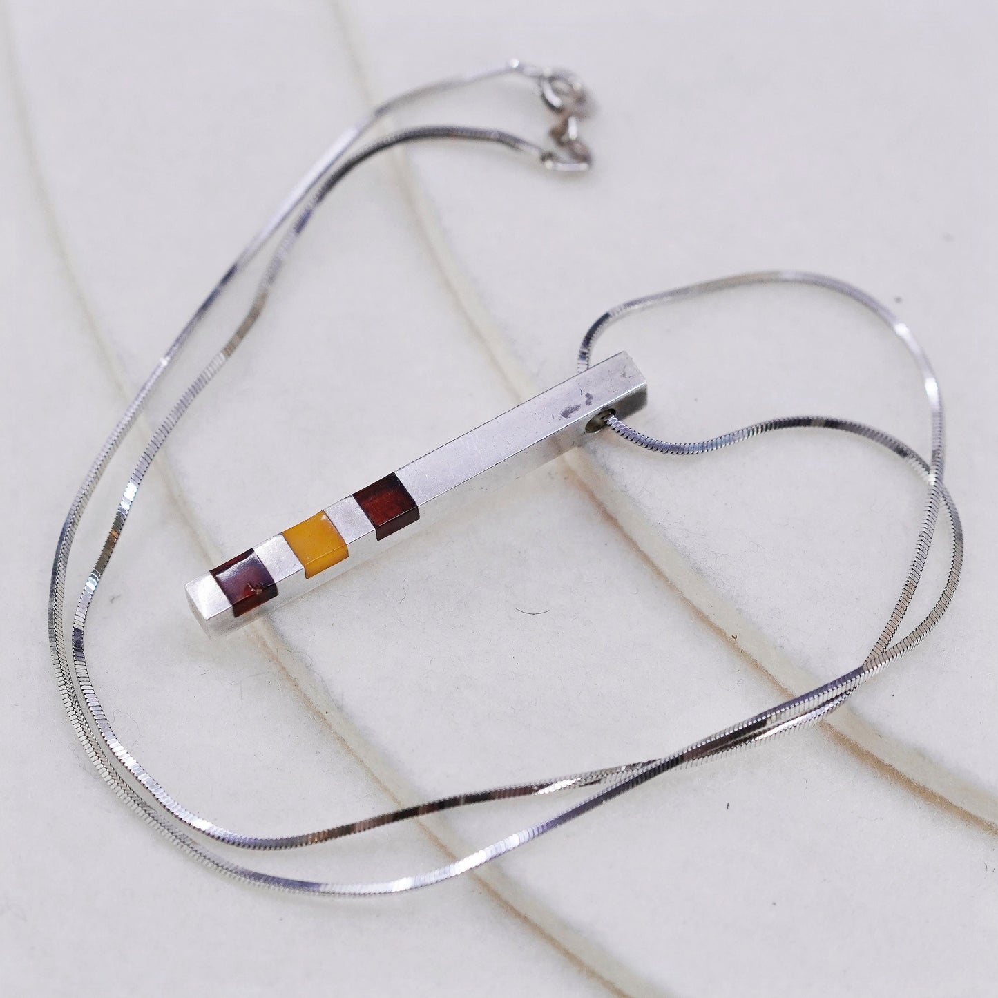 18”, vintage Sterling silver necklace, 925 snake chain with bar pendant amber