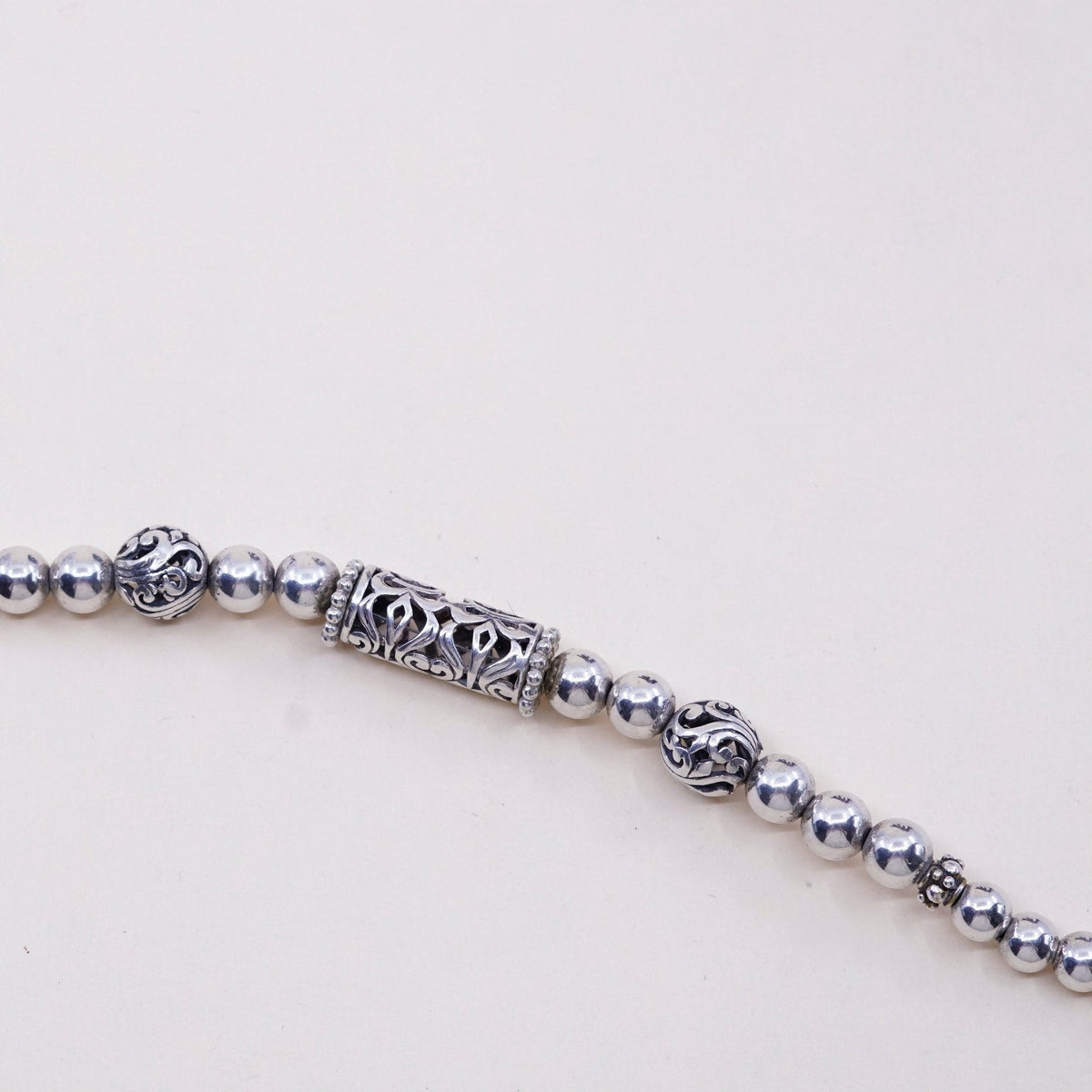 6.75”, vtg Sterling silver handmade bracelet, Mexico 925 Filigree bar w/ beads