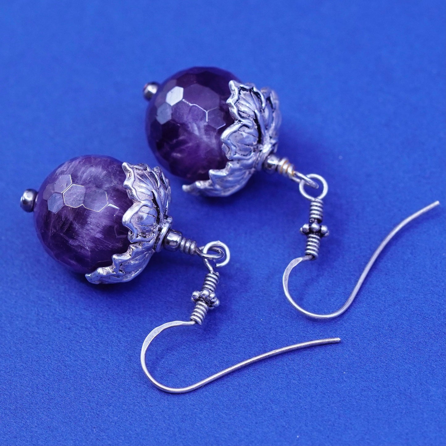 Vintage sterling 925 silver handmade leaf earrings with grape amethyst beads