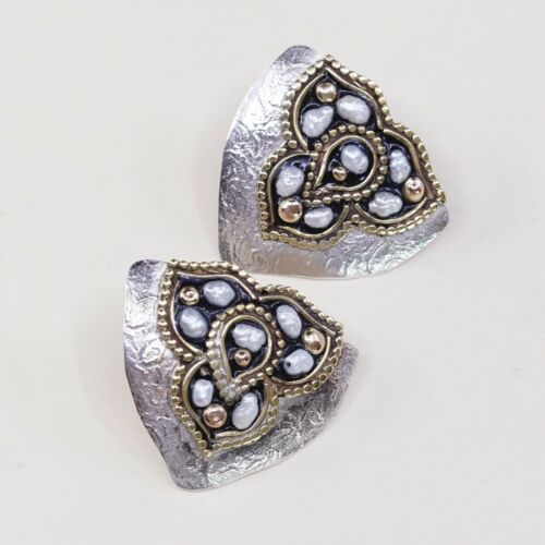 Vtg Two Tone Sterling Silver Handmade Earrings, 925 Studs W/ Pearl N Bali Beads