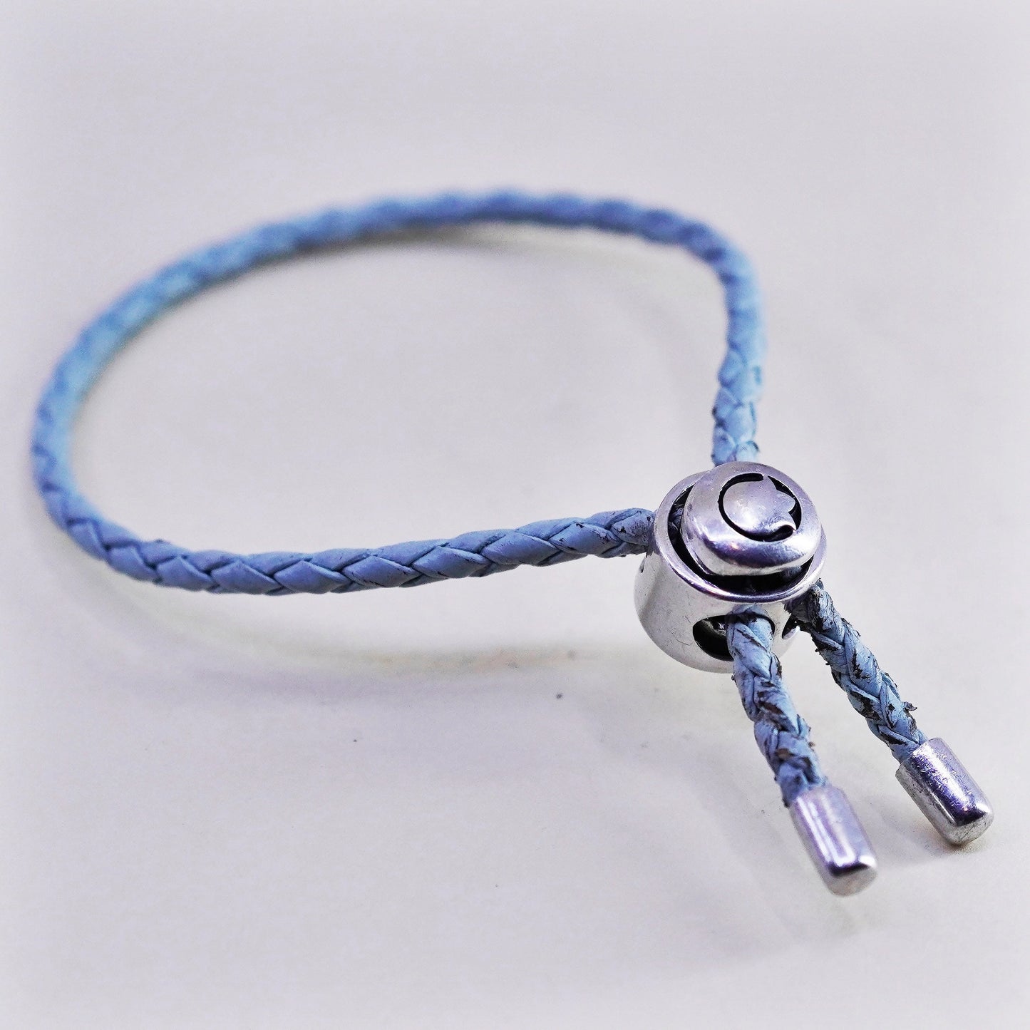 7.5”, Persona Sterling 925 silver bracelet, woven braided leather chain charm