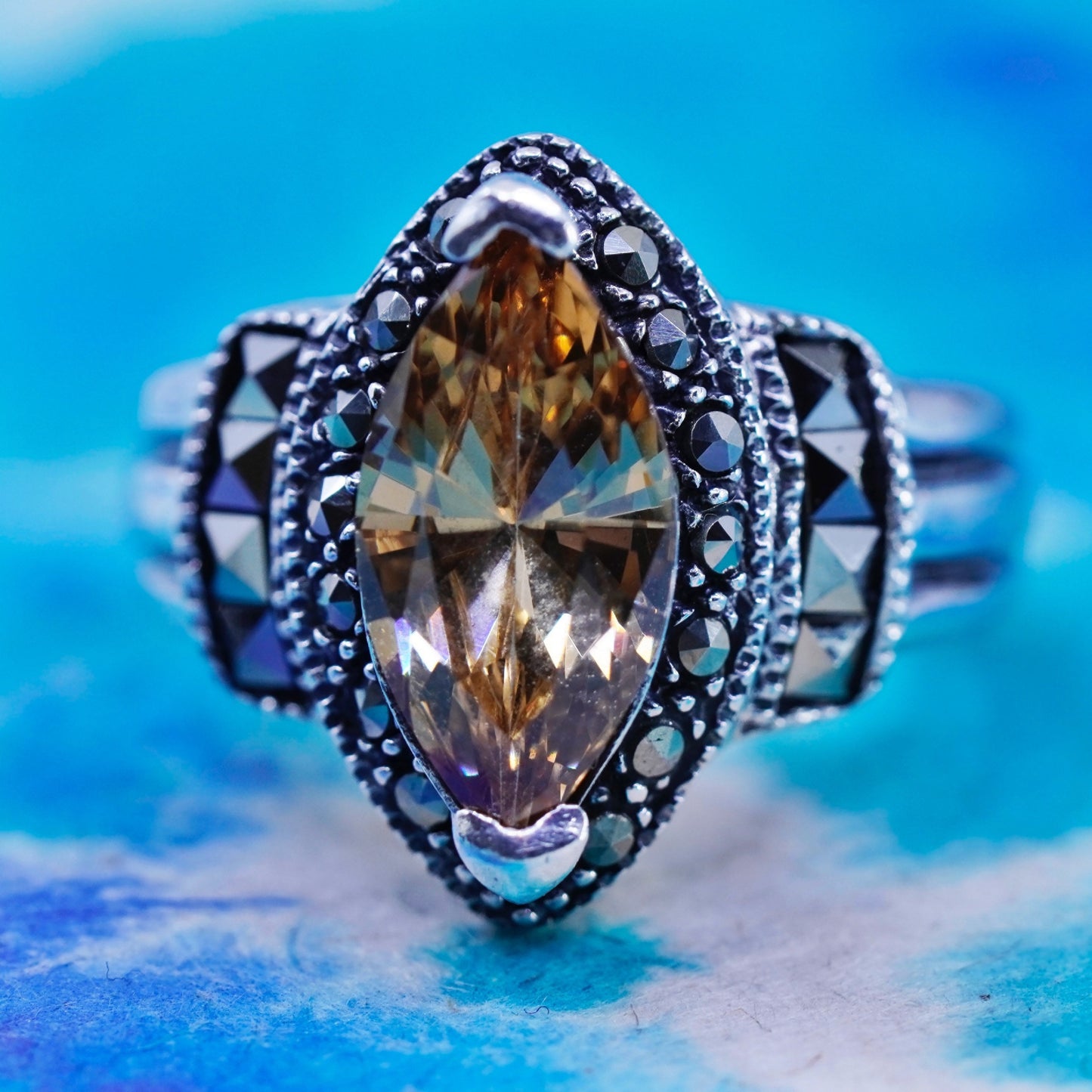Size 6, 925 Sterling 925 Silver citrine cocktail Ring citrine Marcasite