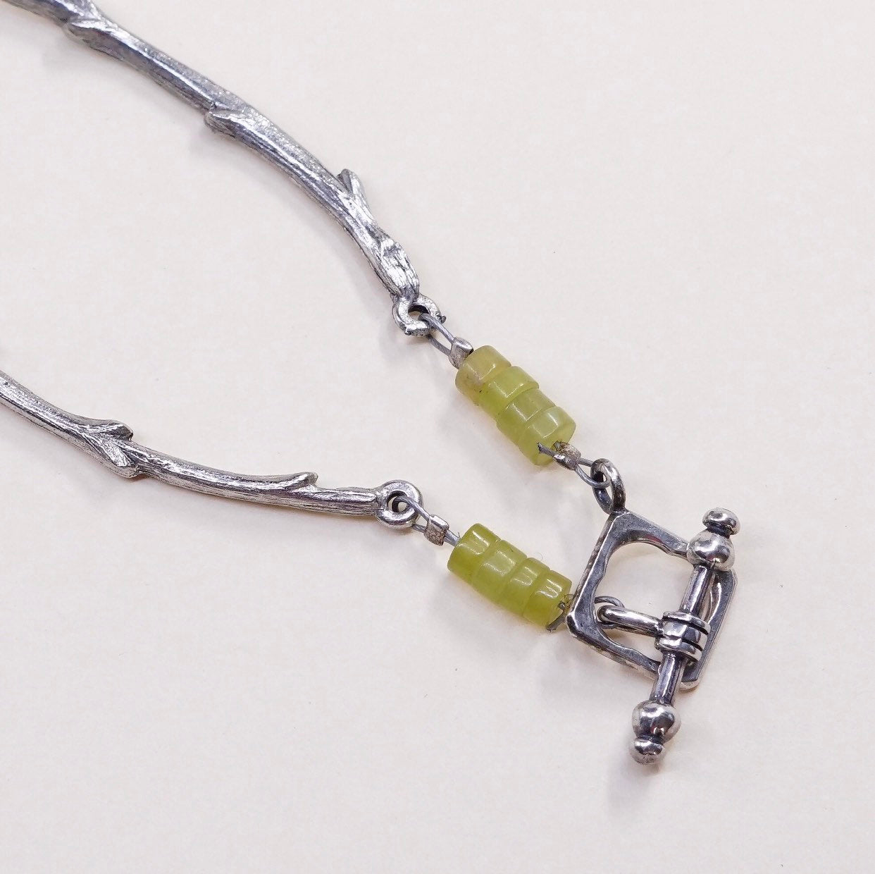 24”, Sterling silver necklace, solid 925 silver flatten bar chain w/ jade