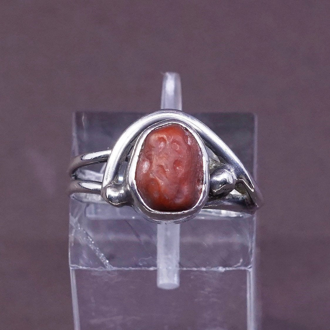 sz 5.5, Sterling silver handmade ring w/ red coral, Native American, 925 band