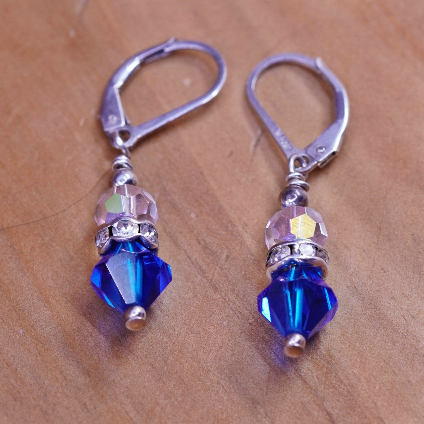 Vintage Sterling 925 silver handmade earrings with clear blue crystal