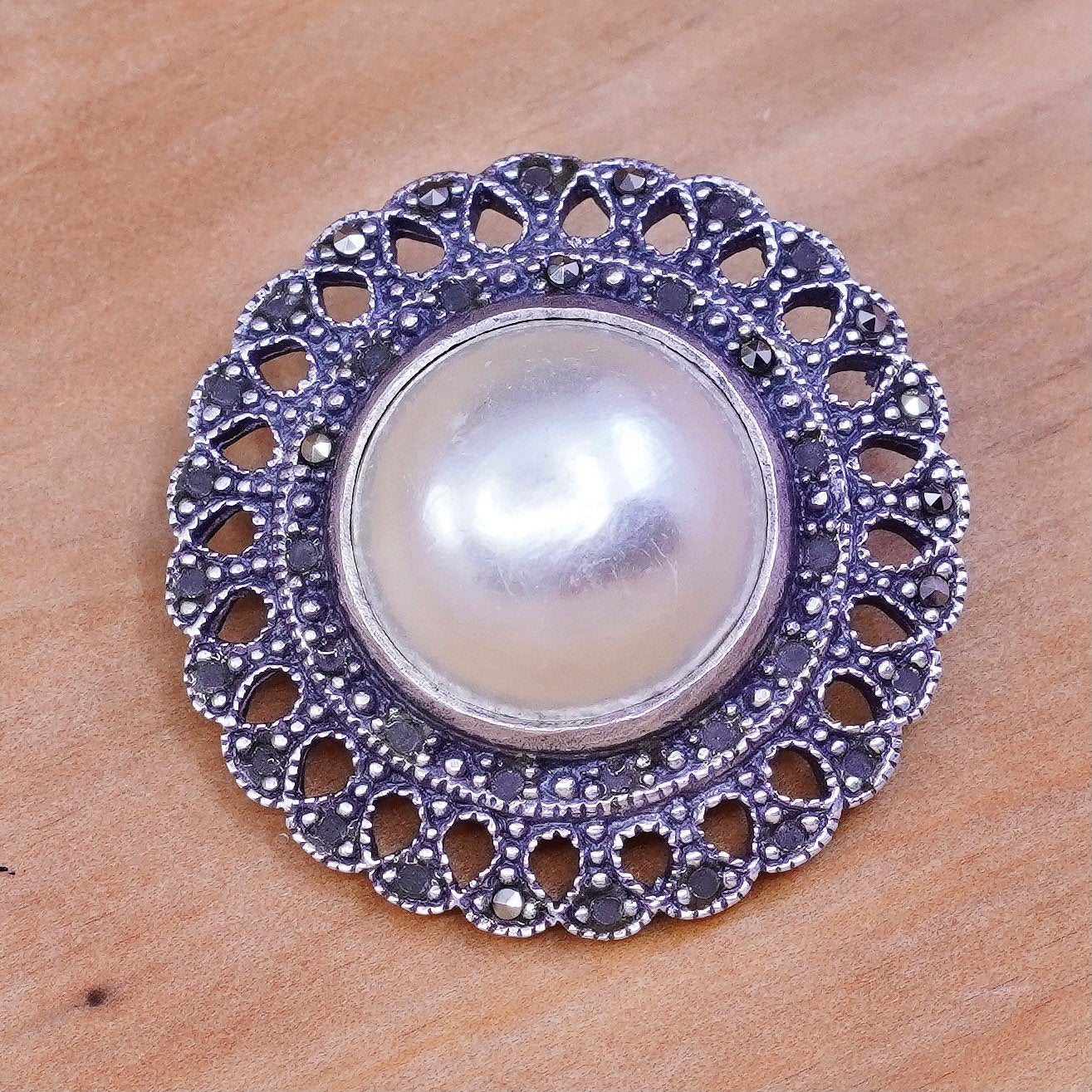 Boma handmade sterling silver brooch, 925 round pin with faux pearl marcasite