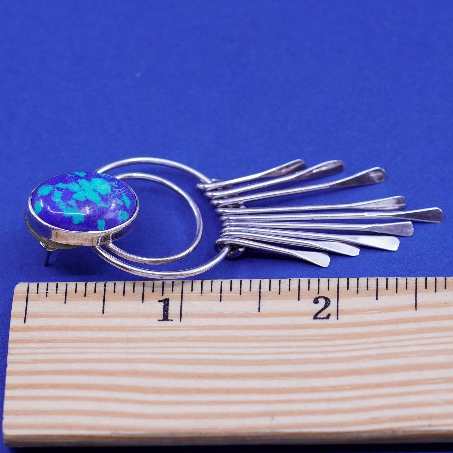 southwestern sterling silver handmade earrings, 925 fringe drops oval azurite