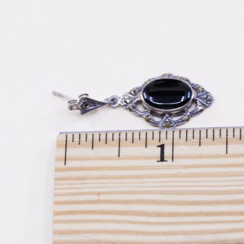 Vtg Sterling silver earrings w/ Obsidian Drop N Marcasite Details, 925
