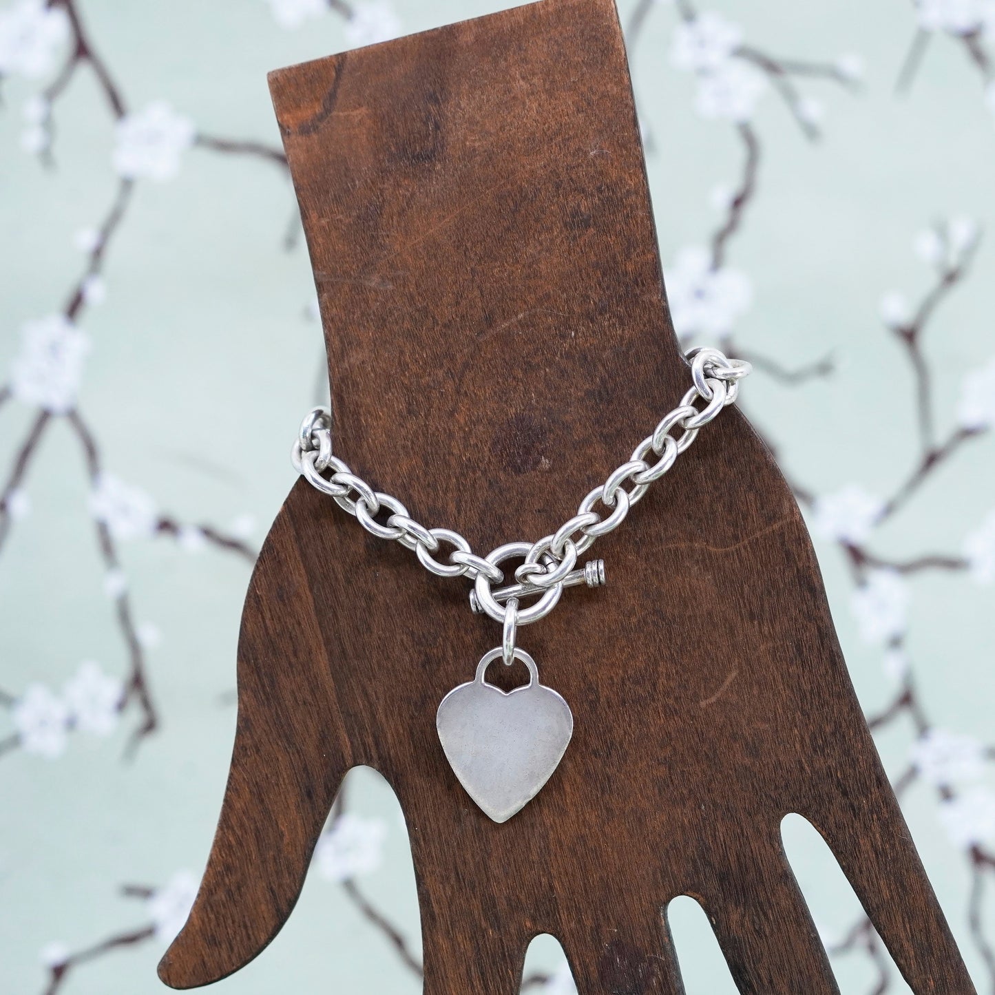 6”, Vintage sterling silver circle link bracelet, bold 925 chain w/ heart charm