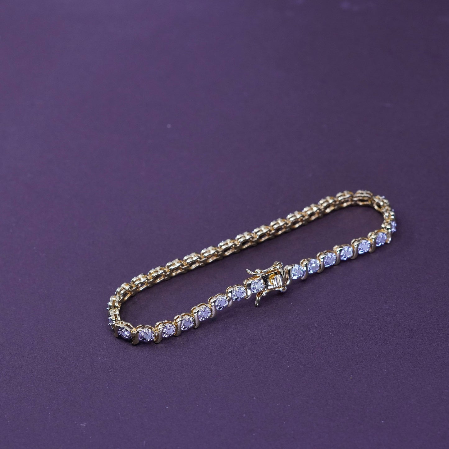 7.25”, vermeil gold over Sterling 925 silver tennis bracelet, chain diamonds