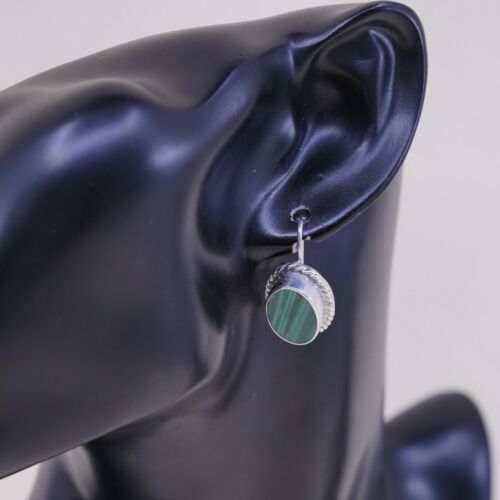 Vtg Mexico handmade Sterling Silver earrings, 925 Oval Malachite Dangles