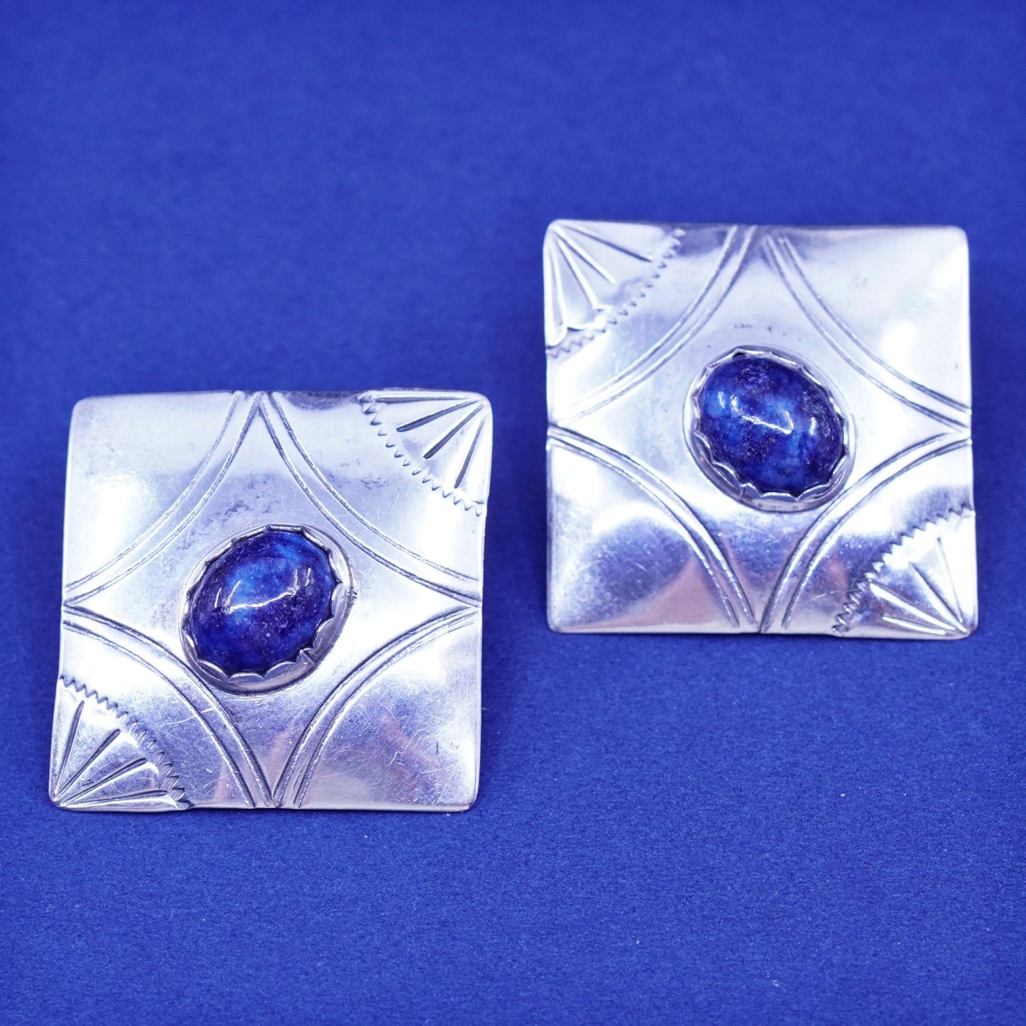 Vintage sterling silver handmade earrings, 925 square studs with lapis lazuli