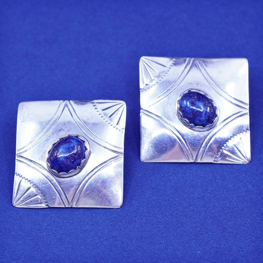 Vintage sterling silver handmade earrings, 925 square studs with lapis lazuli