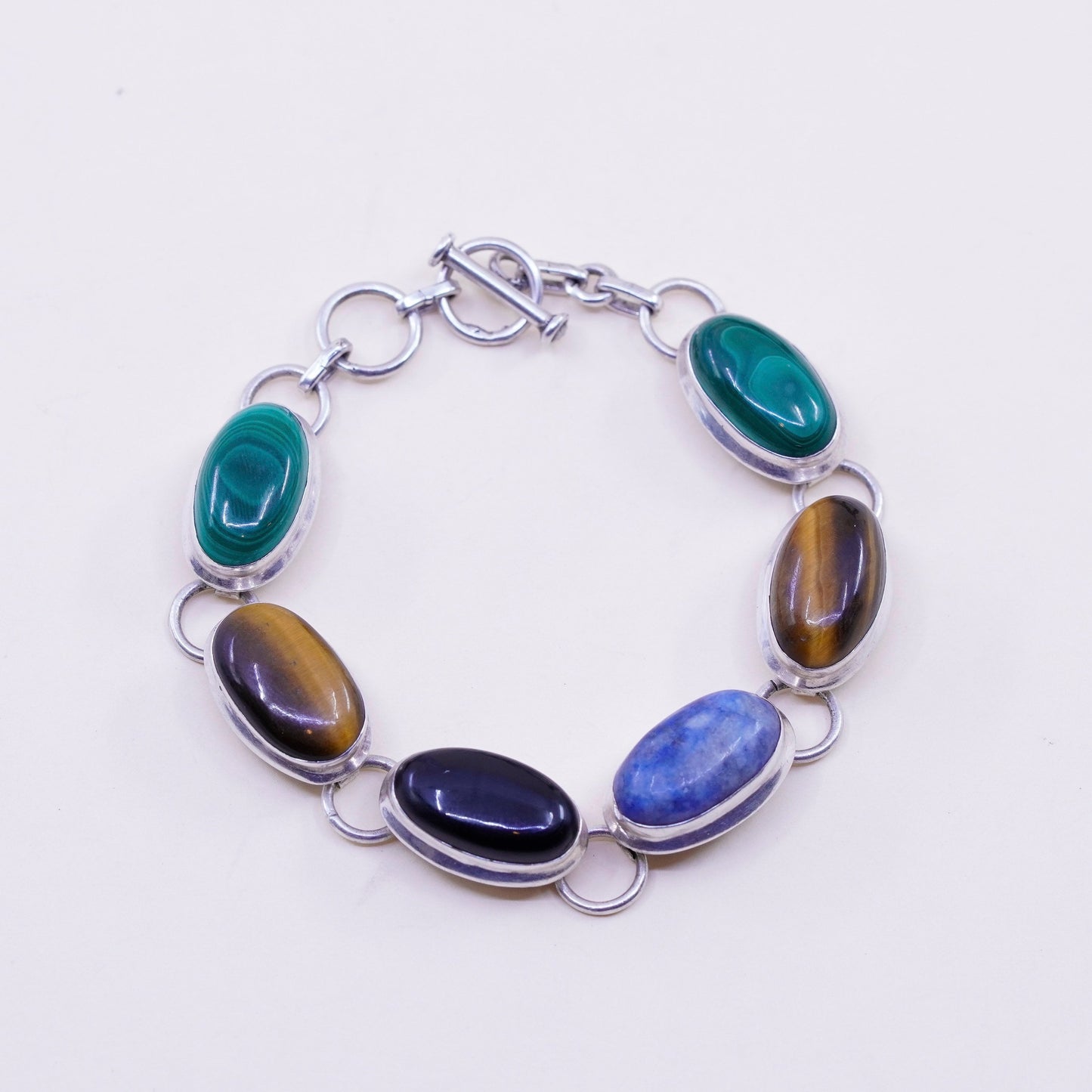 6.75+1”, Sterling silver handmade bracelet, Mexico 925 sodalite onyx tiger eye