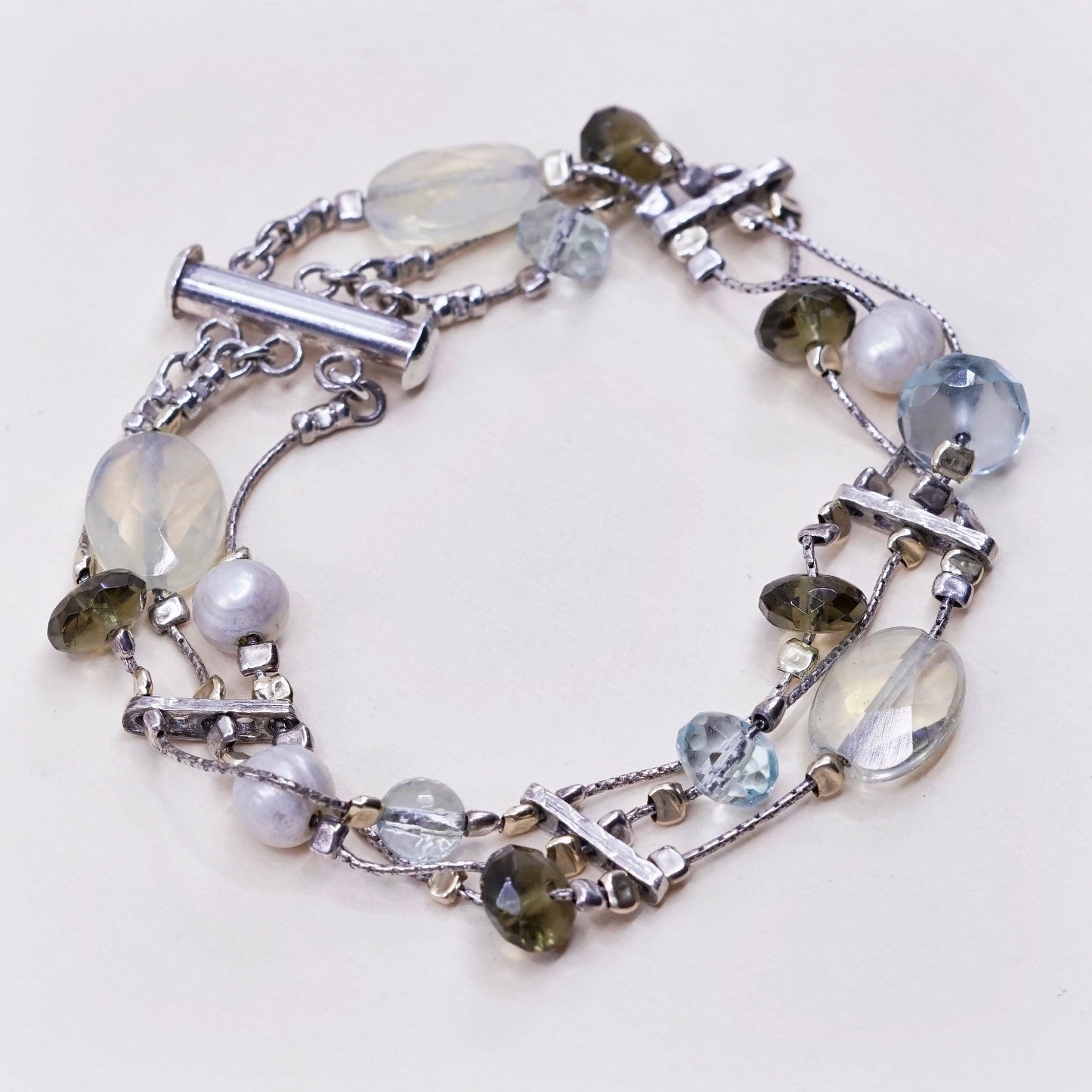 7”, Vintage Sterling 925 silver handmade bracelet, pearl with crystal topaz