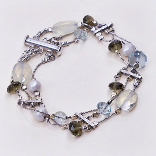 7”, Vintage Sterling 925 silver handmade bracelet, pearl with crystal topaz