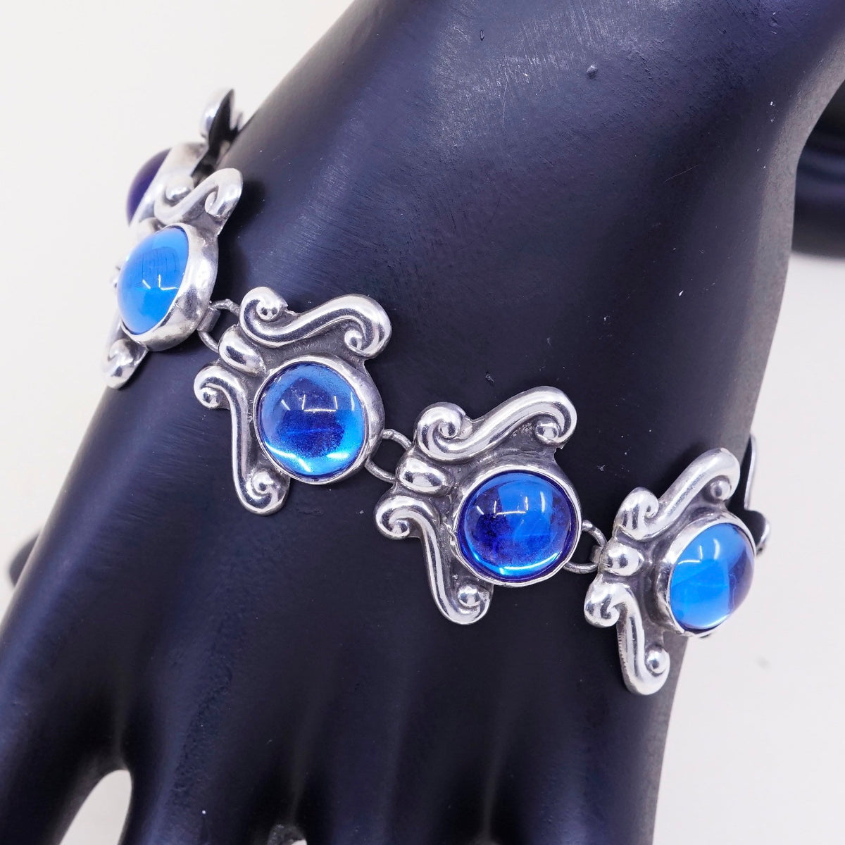 7.25”, vtg 50s lopez Sterling silver handmade bracelet, taxco 925 silver flower