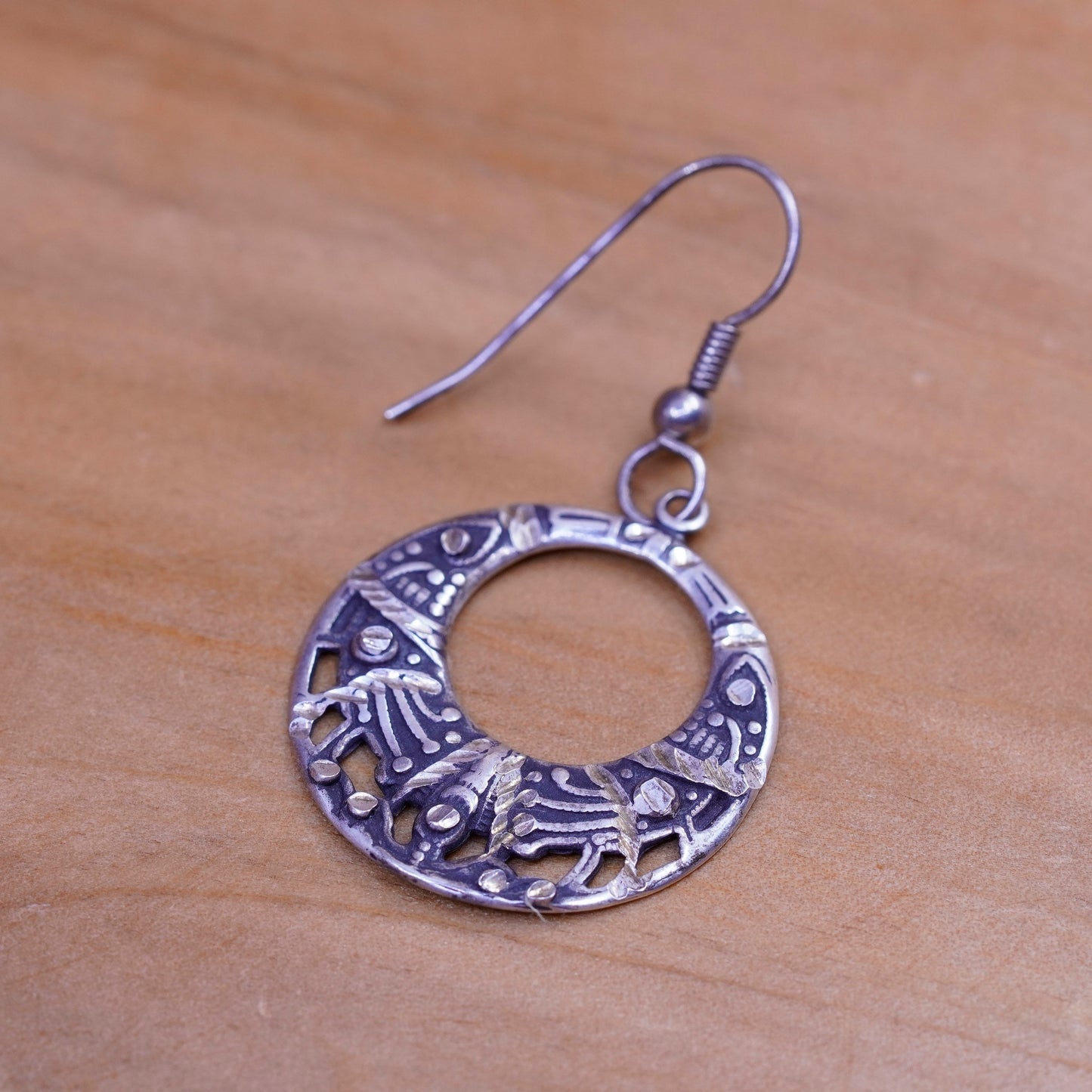 Vintage Sterling silver handmade earrings, 925 textured circles dangle