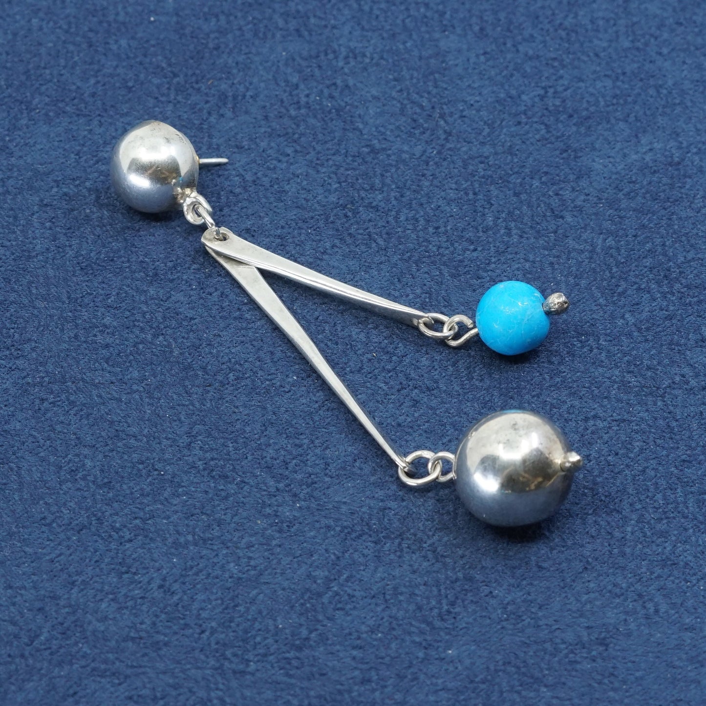 3”, vtg sterling 925 silver handmade long earrings w/ turquoise beads