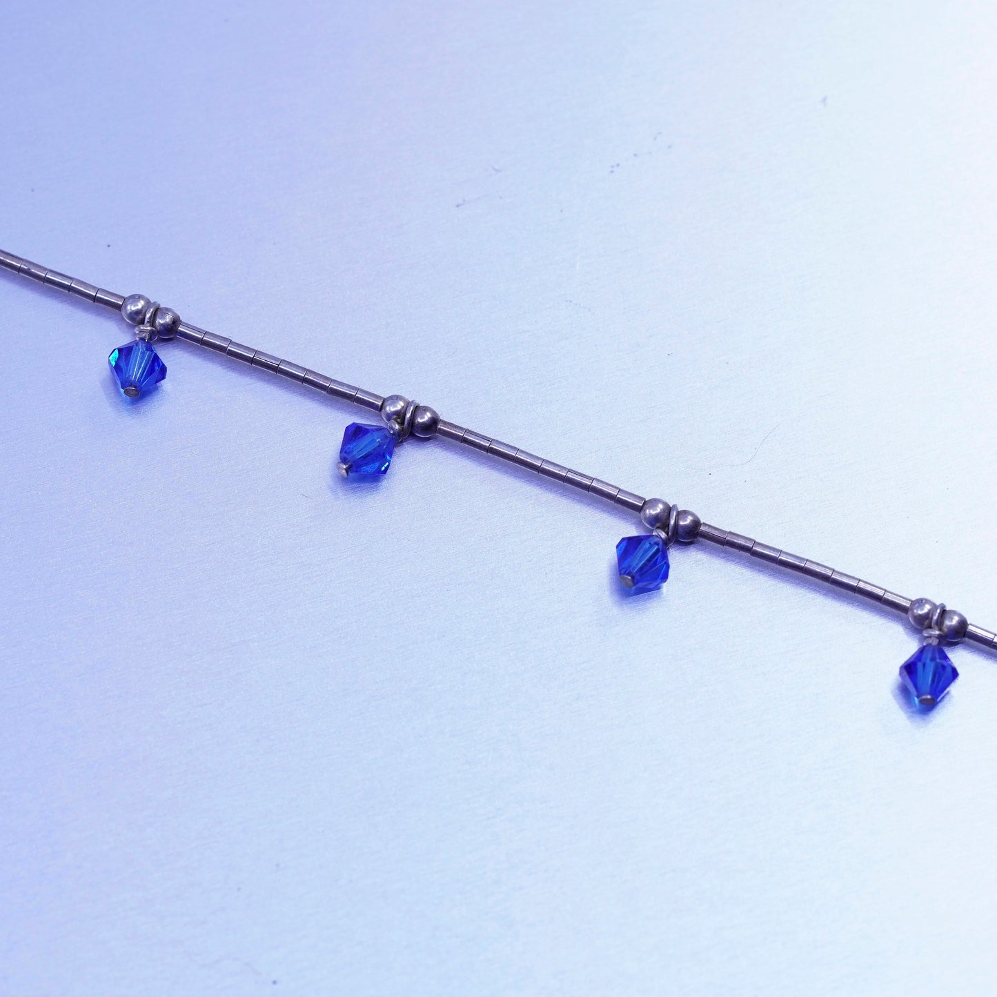 7”, Sterling 925 silver handmade bracelet, liquid chain w/ blue crystal charms