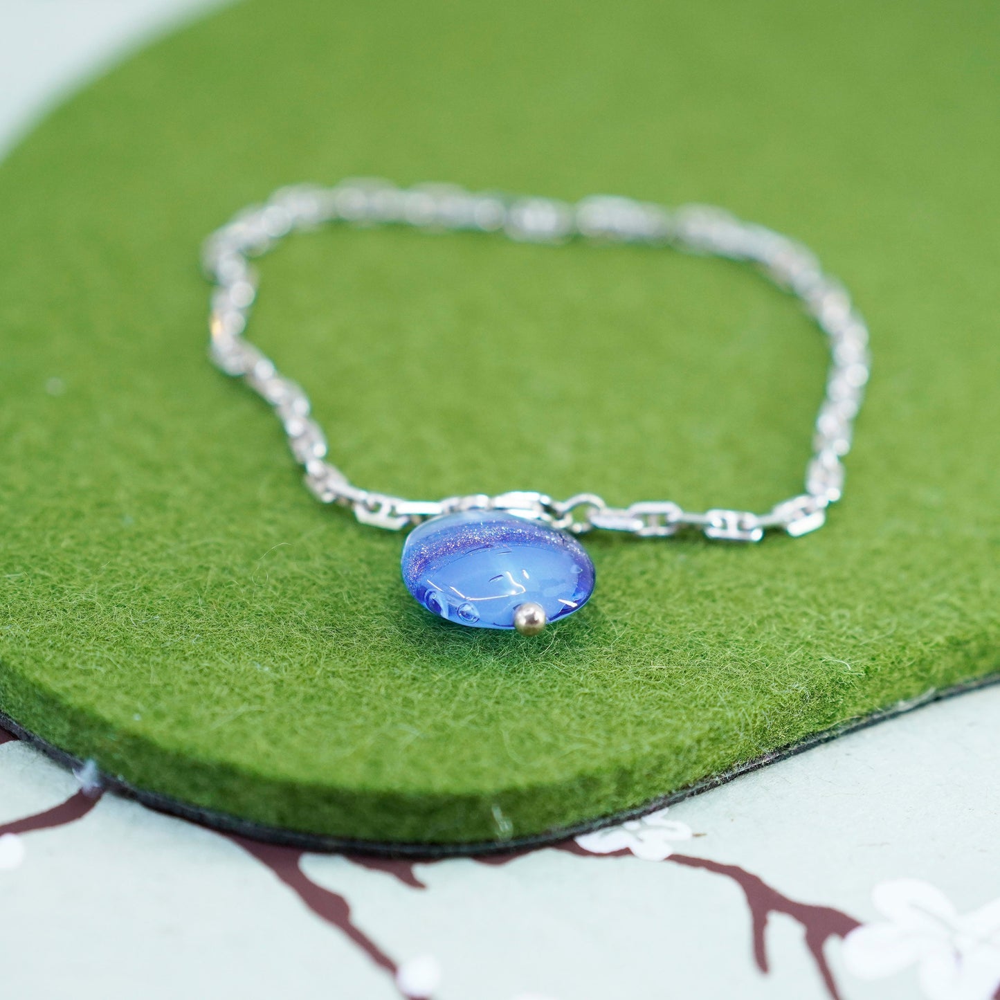 8.5”, sterling 925 silver bracelet, Italy anchor chain blue foiled glass charm