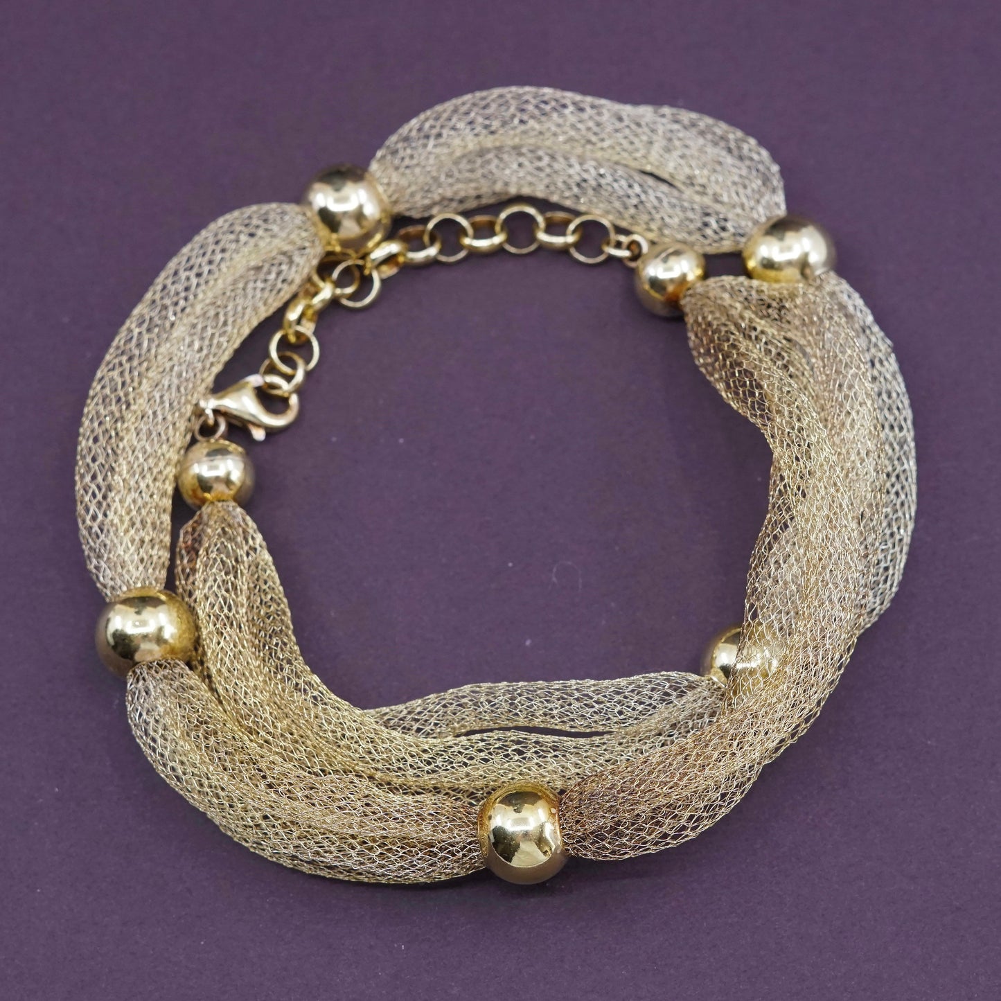 18+2”, vintage italy Sterling silver mesh chain with bead, vermeil gold over