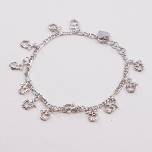 7.75”, 2mm, Vtg Sterling Silver Bracelet 925 Figaro Chain W/ Apple Heart Charm