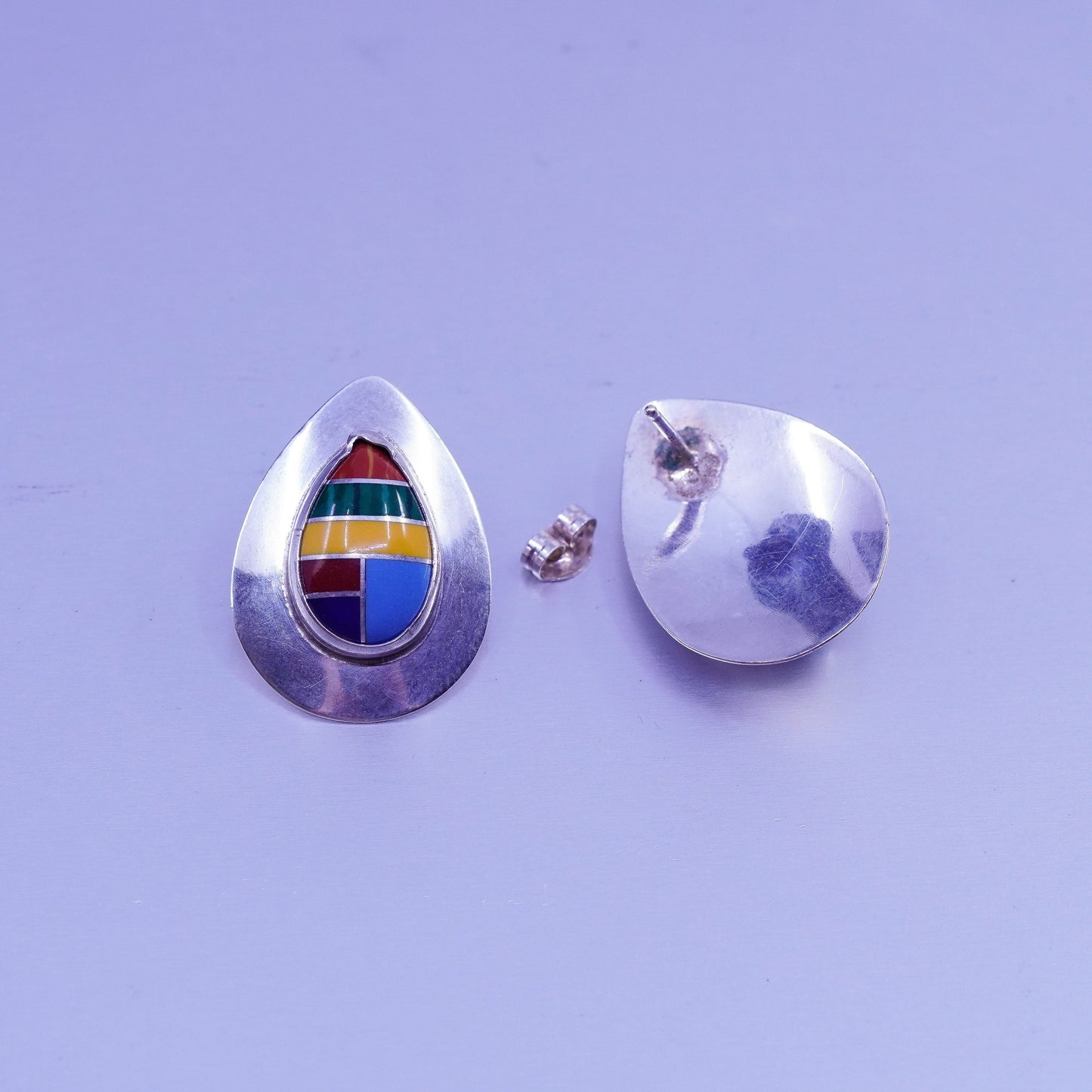 Native American Zuni Sterling 925 silver earrings, teardrop studs w/ turquoise