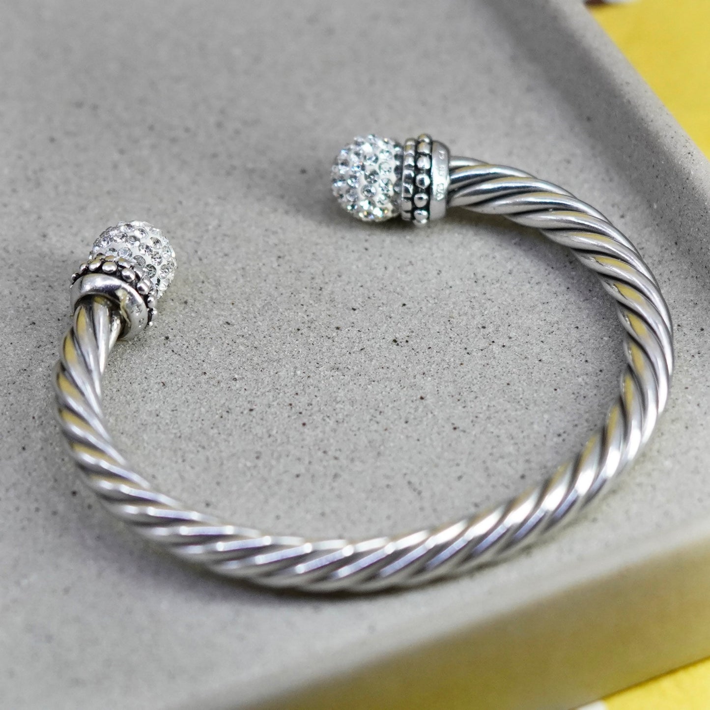6.75”, vintage Sterling silver handmade bracelet, 925 cable cuff w/ cluster cz