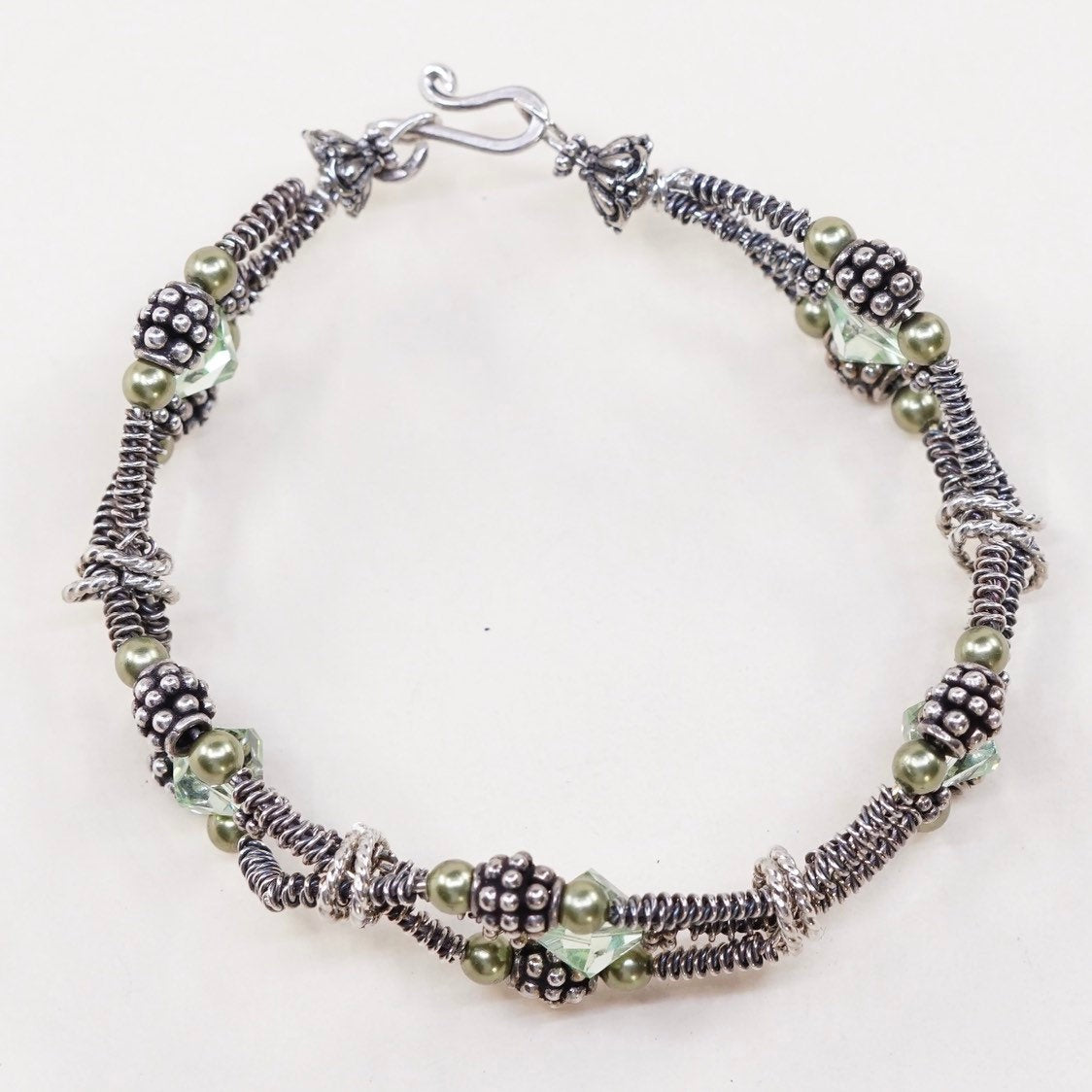 7", VTG sterling silver handmade bracelet, 925 bangle w/ beads N crystal