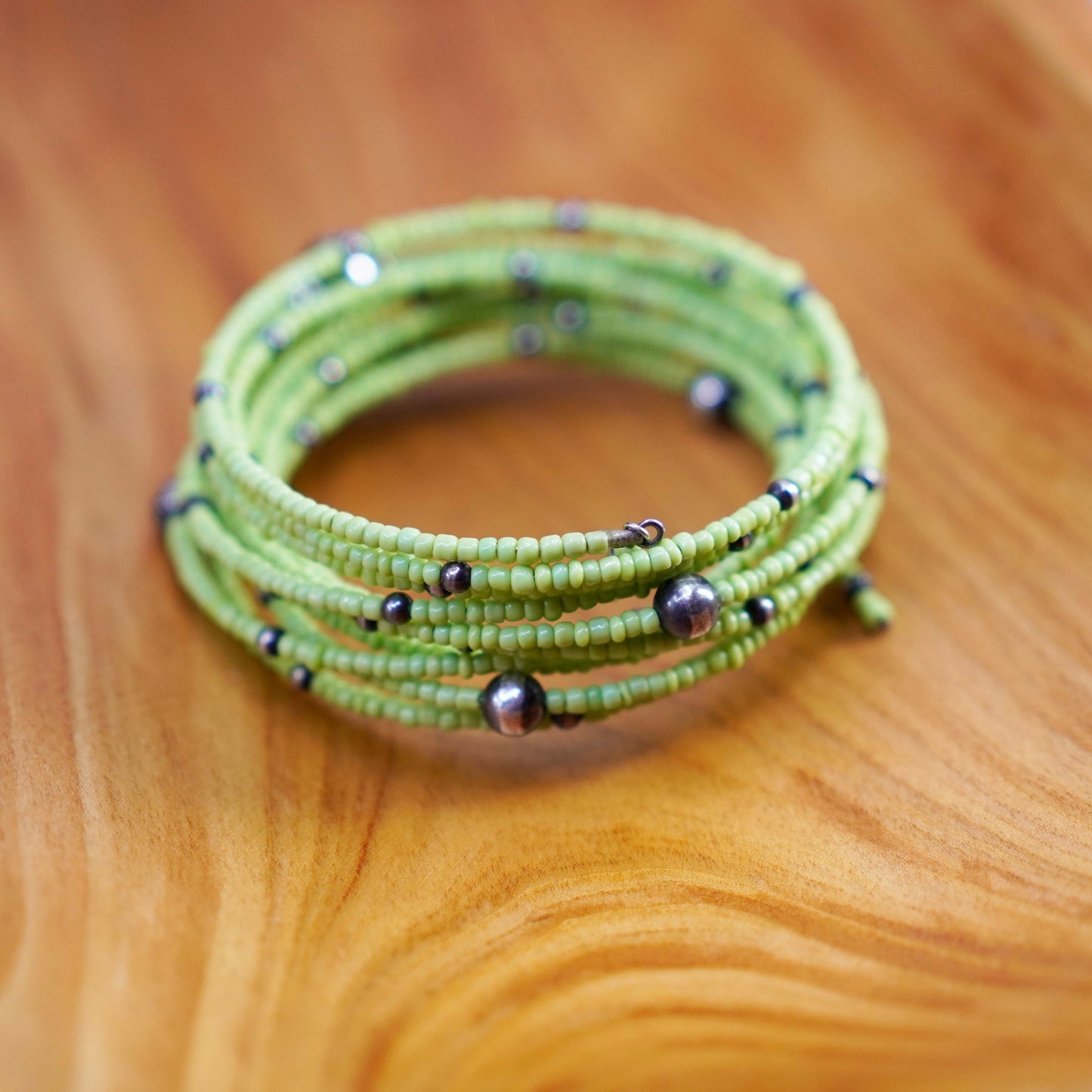 6” handmade green beads wrap around bangle bracelet sterling 925 silver beads