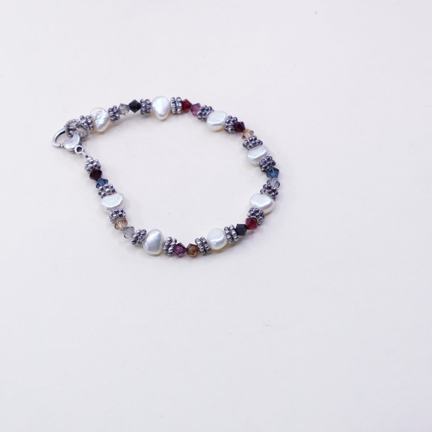 6.5”, sterling silver handmade bracelet, 925 beads white pearl and crystal