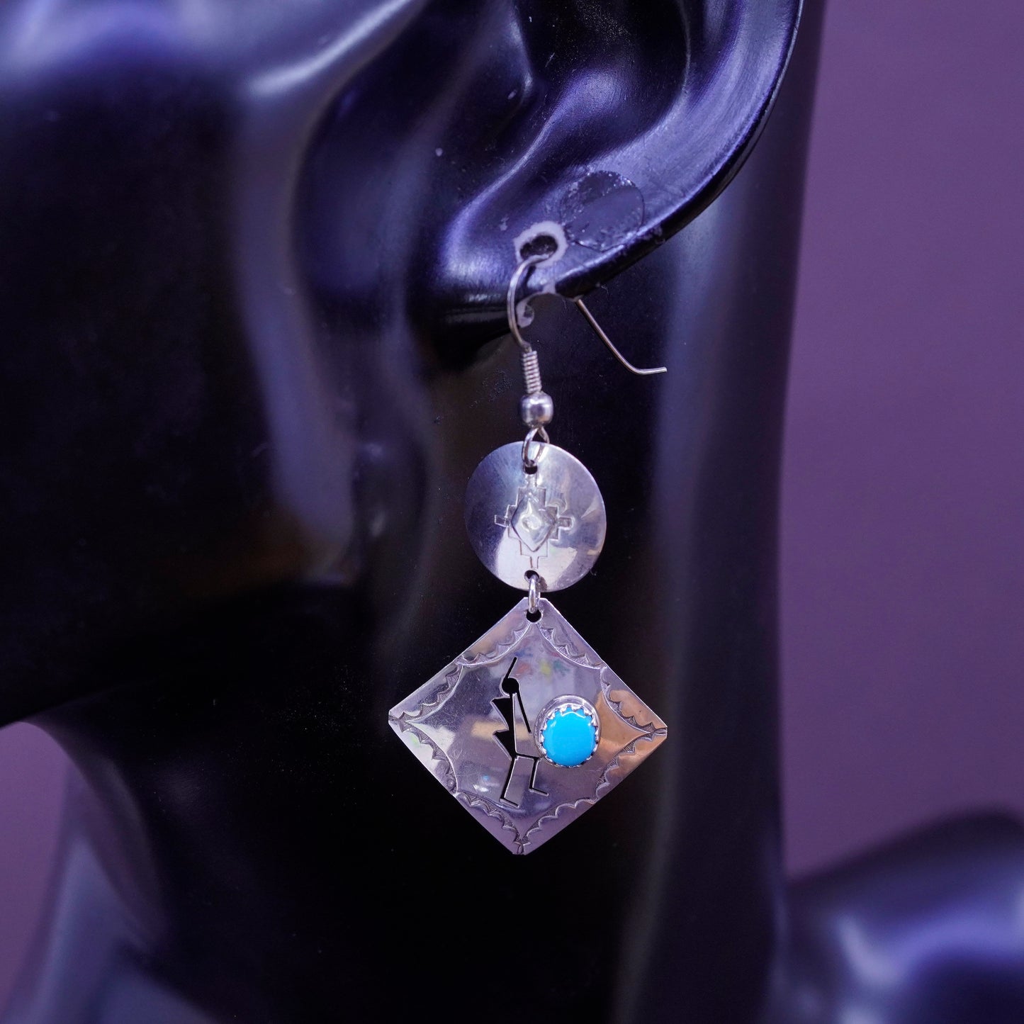 Vintage Sterling 925 silver handmade square earrings with turquoise