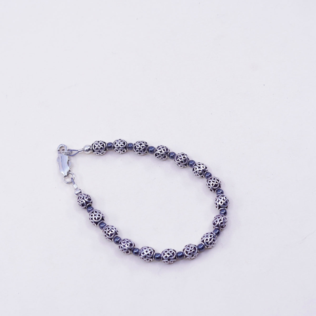 6.5”, Vintage sterling silver bracelet, filigree 925 beads bracelet, jewelry
