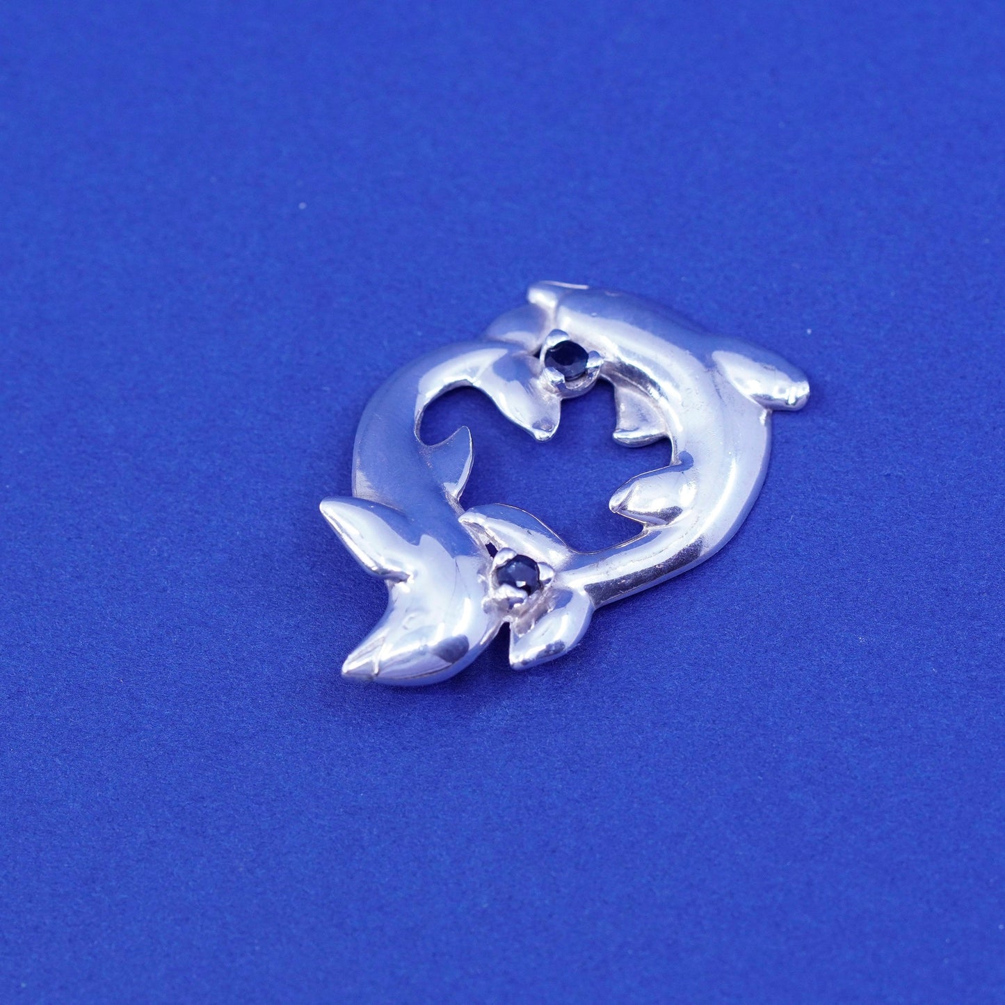Vintage 1985 Gorham Herald handmade sterling 925 silver dolphins with sapphire