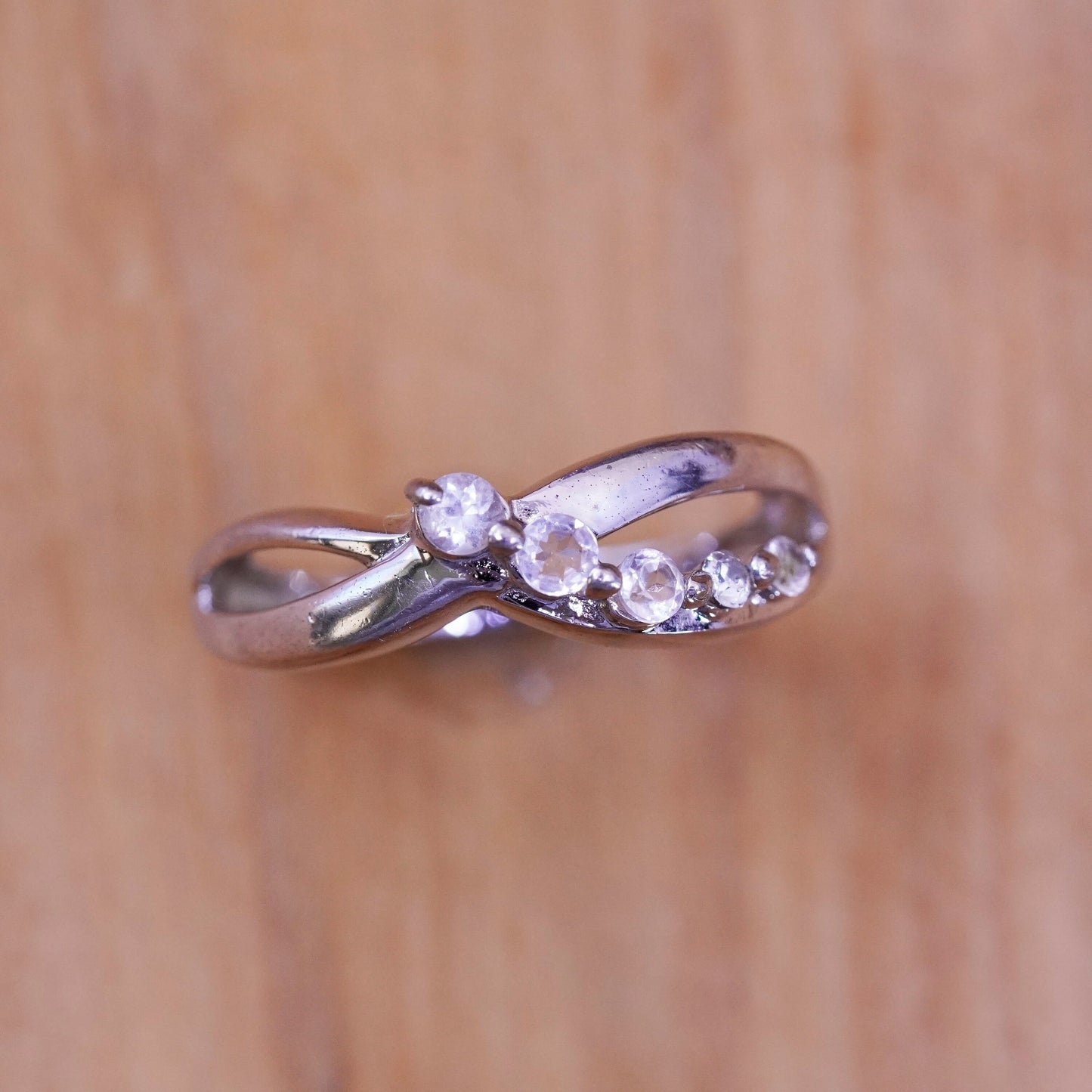Size 7.25, vintage Sterling silver handmade ring, 925 wavy band with cz