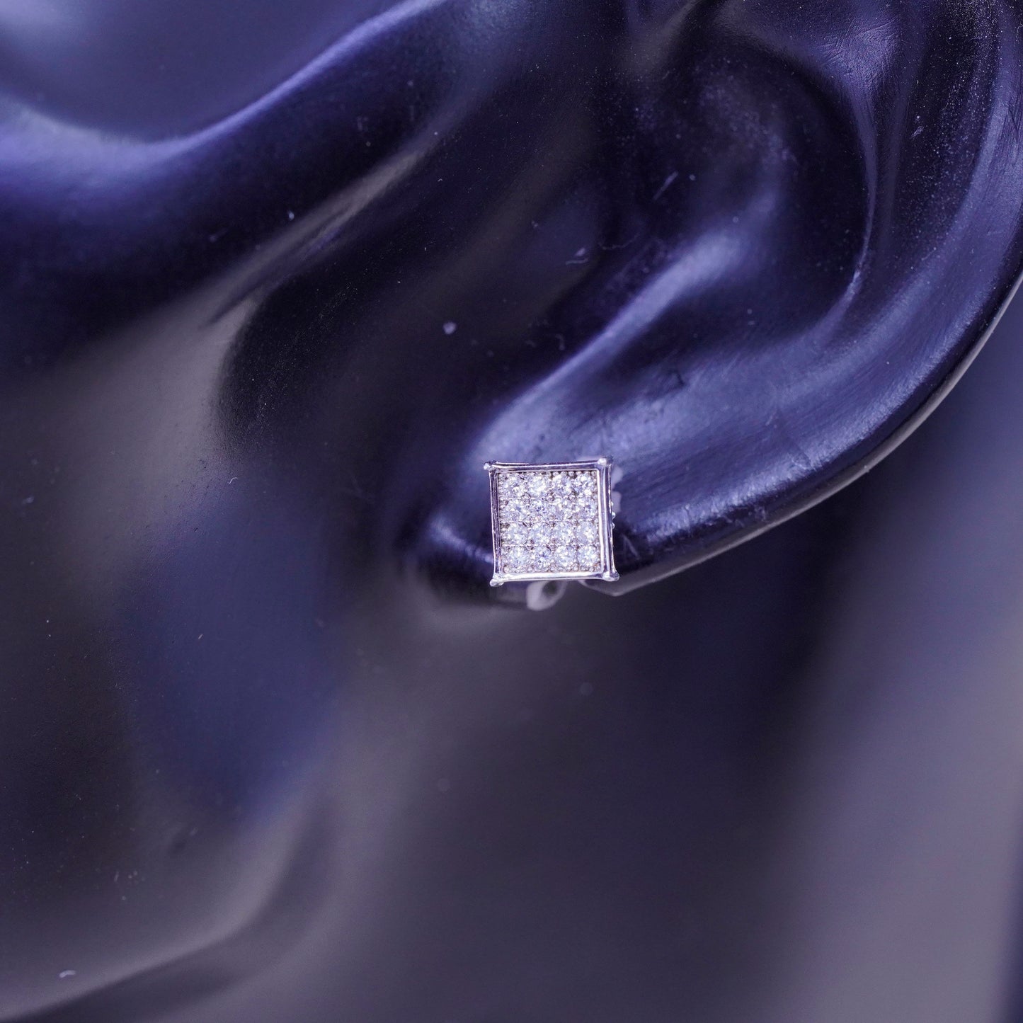 Vintage Lusso sterling silver earrings, 925 studs with square cluster diamonds